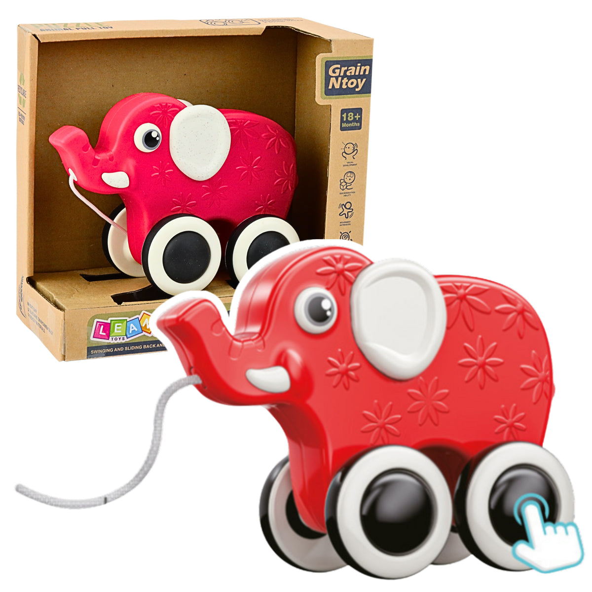 Elephant Pull Toy On A String Squeaker Eco Red