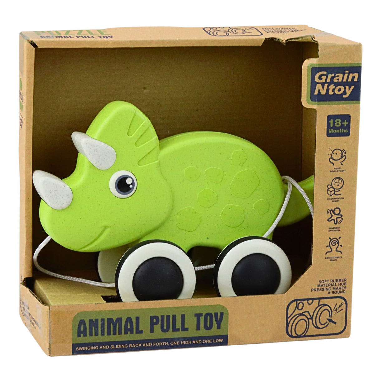 Dinosaur Pull String Toy Squeaker Eco Green
