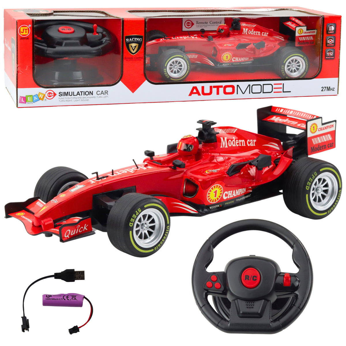 Remote Controlled Rc Racing Car Steering Wheel Lights Sounds 1:12 Red
