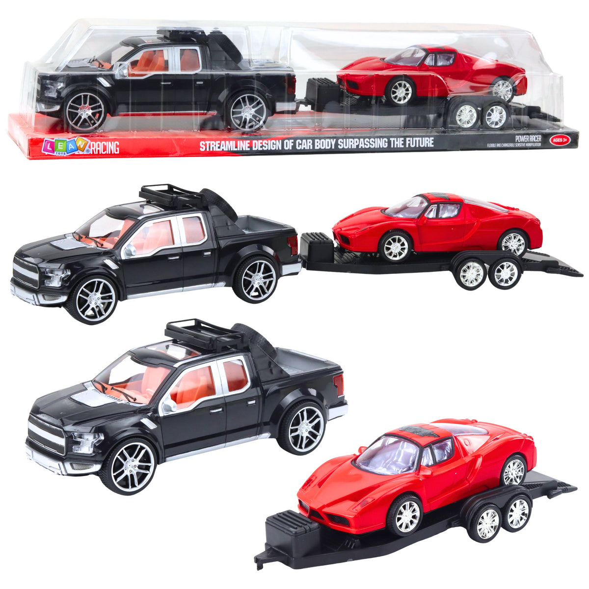 Set terreinauto's, zwarte sleepwagen, rode sportwagen, 59 cm