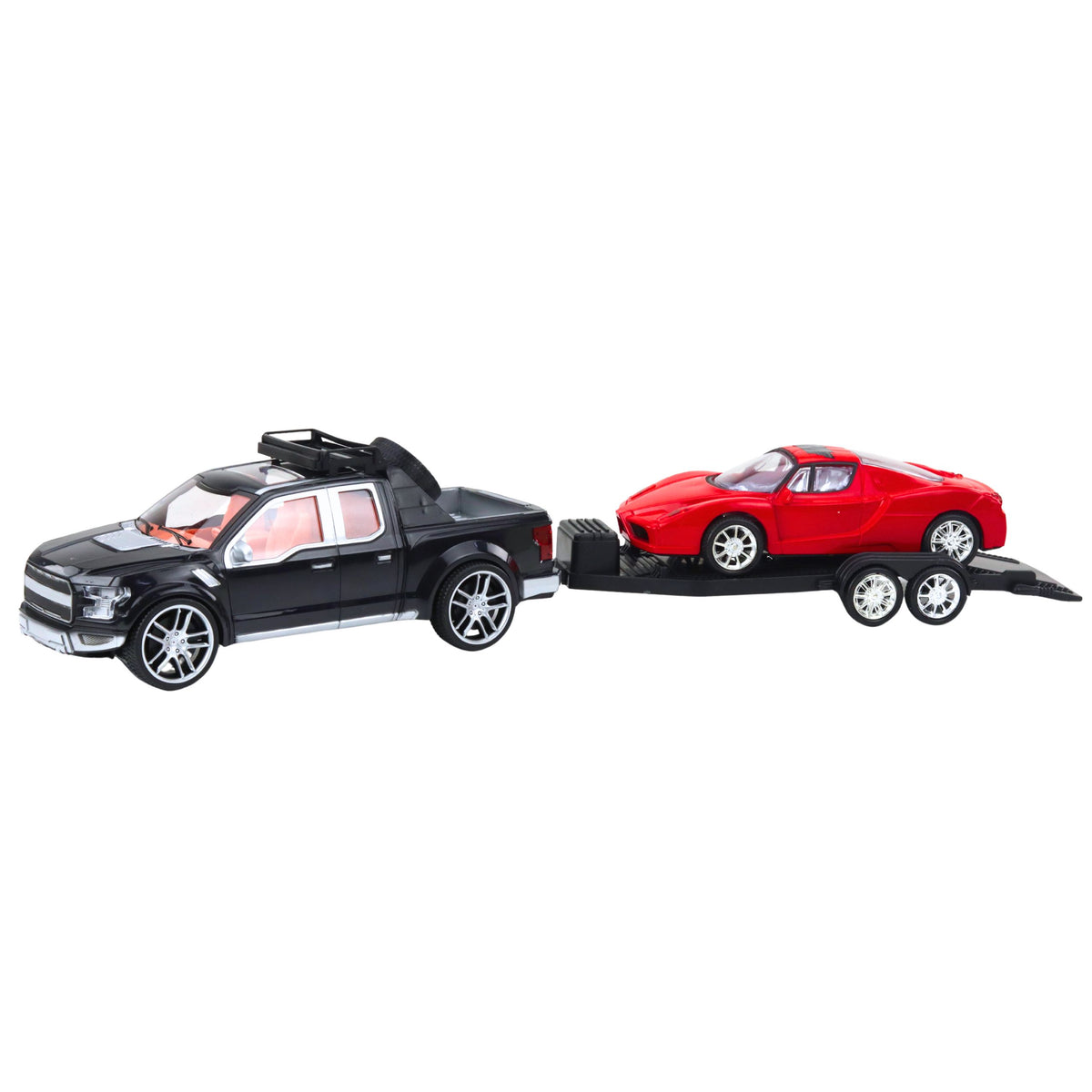 Set terreinauto's, zwarte sleepwagen, rode sportwagen, 59 cm
