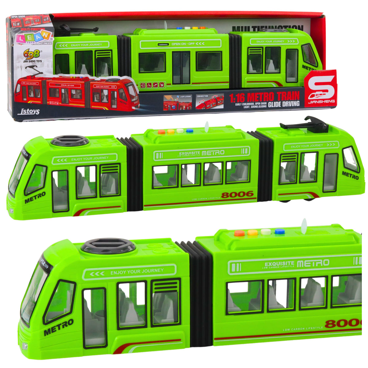 Stadt-U-Bahn-Straßenbahn öffnet Türen, Lichter, Geräusche, grün, 1:16