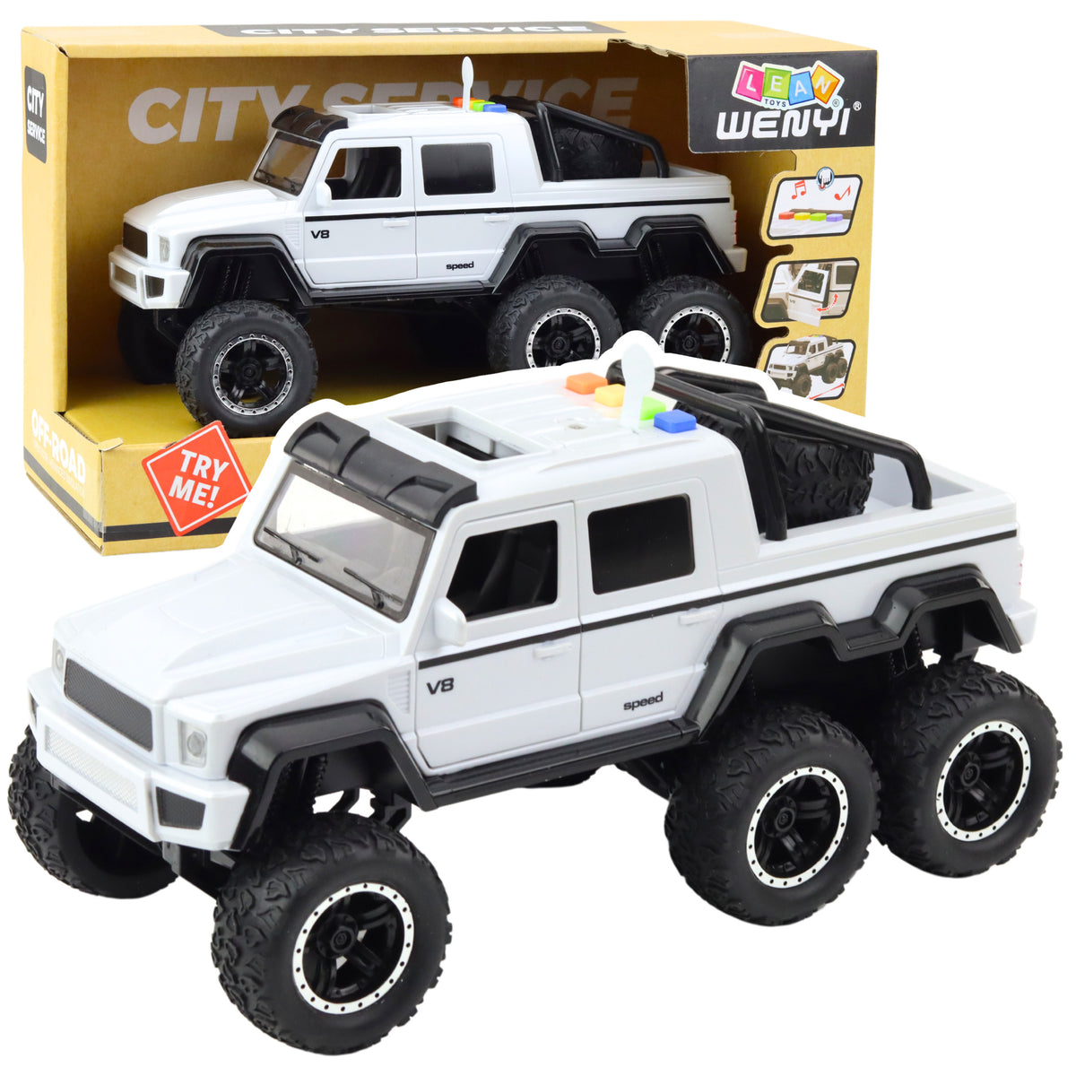 Terepjáró autók súrlódó meghajtó lámpái Hangok Pearl White 6x6 1:16