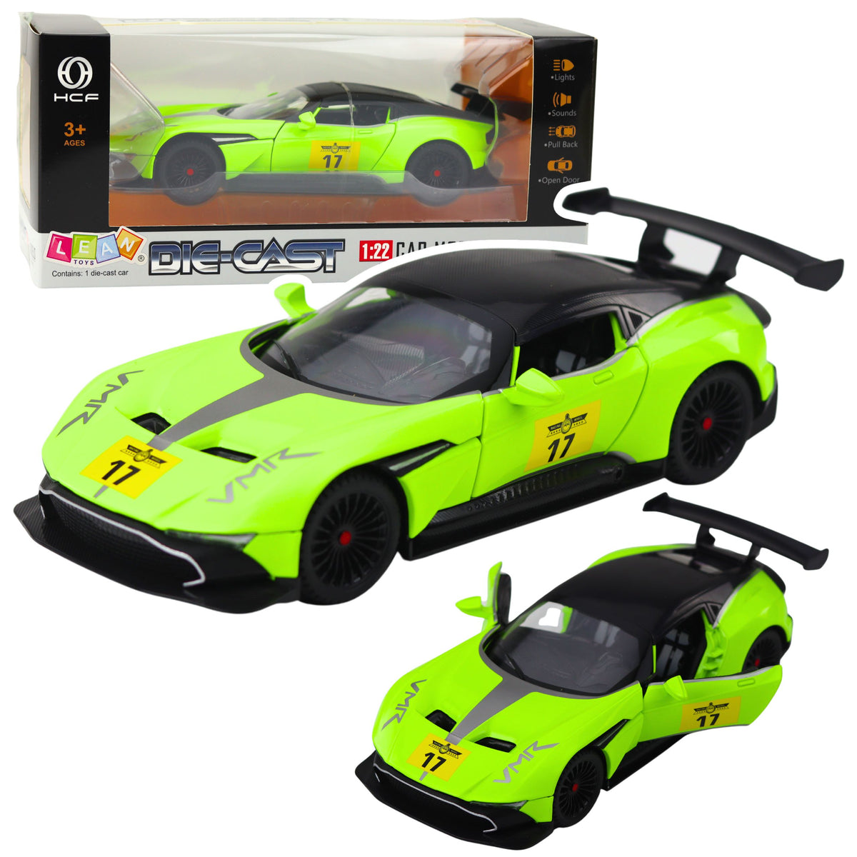 Sports Car With Pull-back Drive Lights Sounds Green 1:22