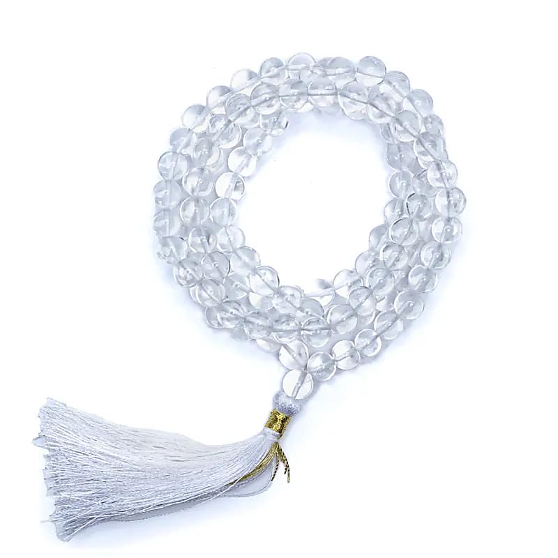 Mala Rock Crystal White Tassel 108 Beads + Bag - 0.8 Cm