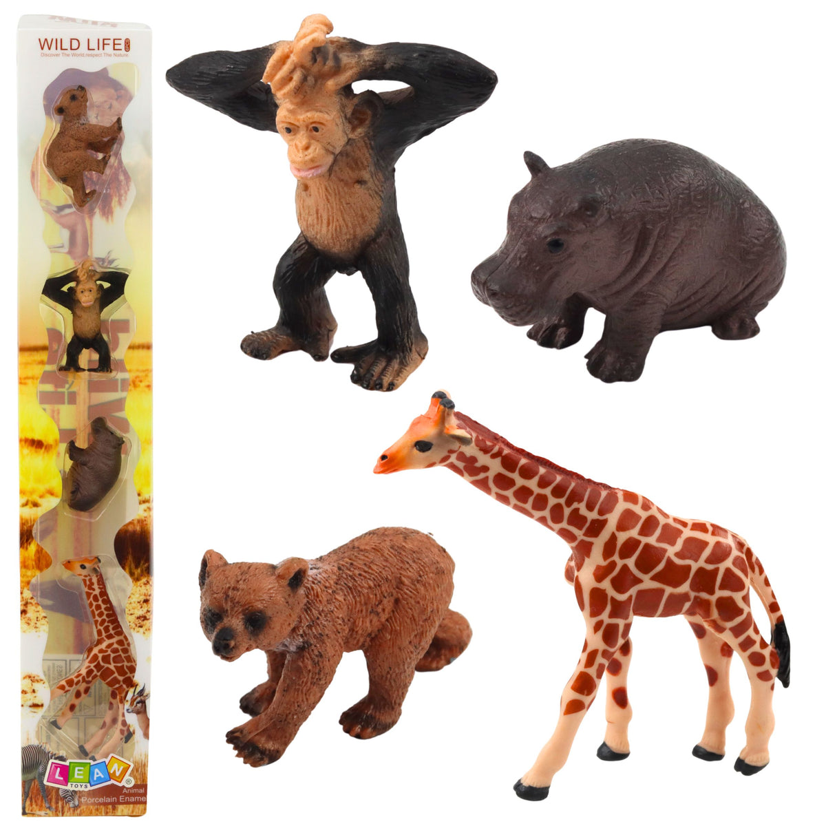 Set Of Mini Figures Wild Animals Chimpanzee Giraffe 6-9cm 4pcs