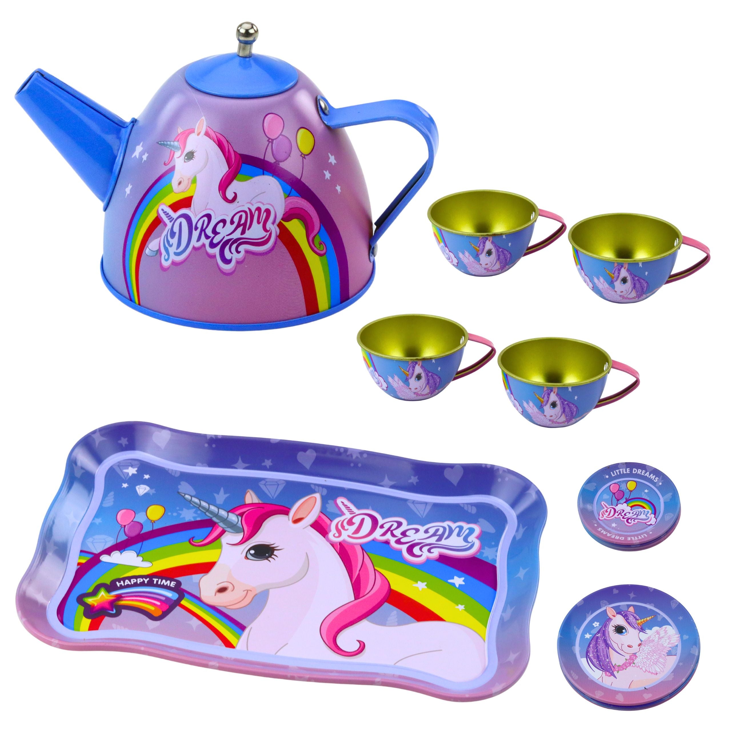 Children's Metal Tea Set With Cups Teapot And Tray Unicorn