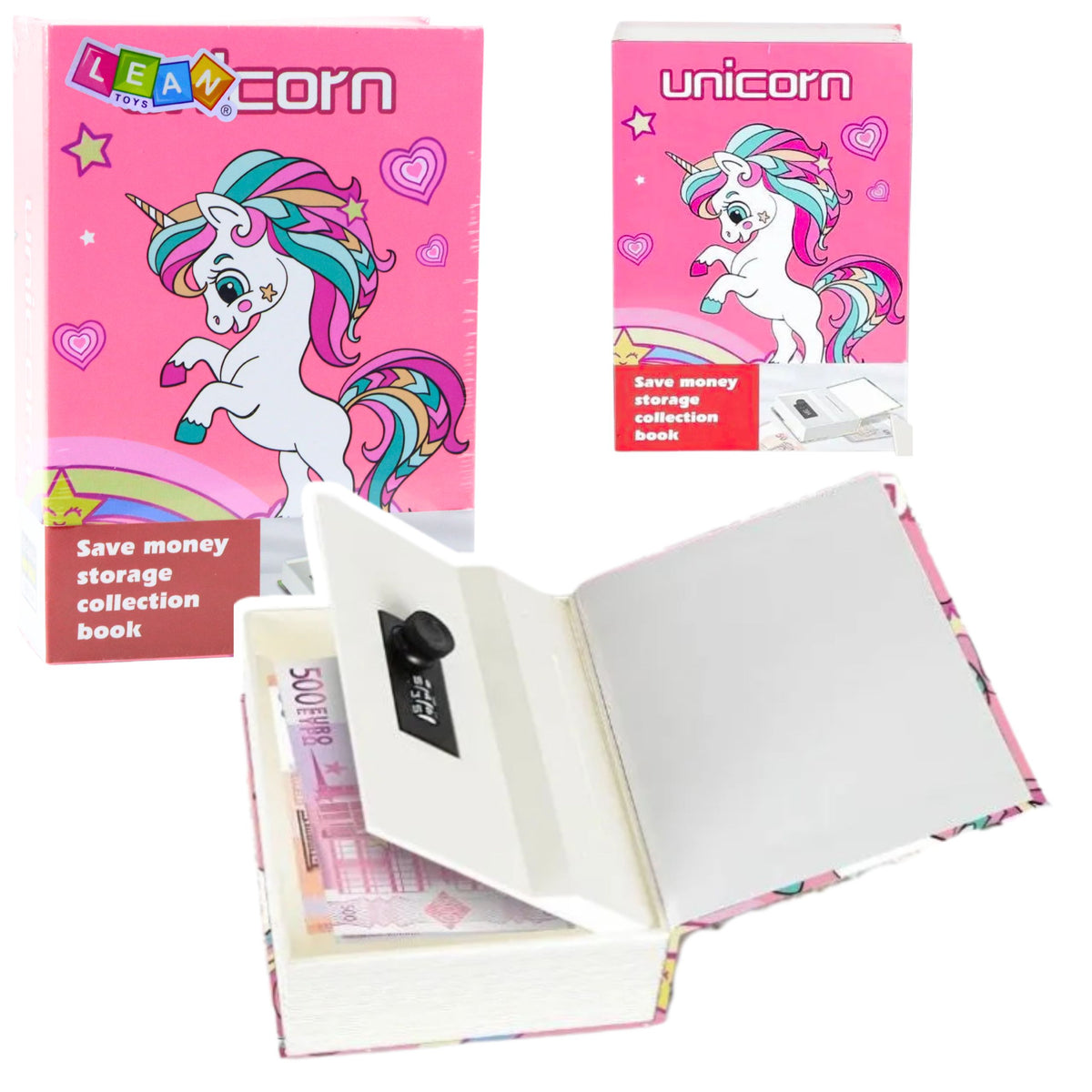 Hidden Book Piggy Bank Safe Code Unicorn Pink
