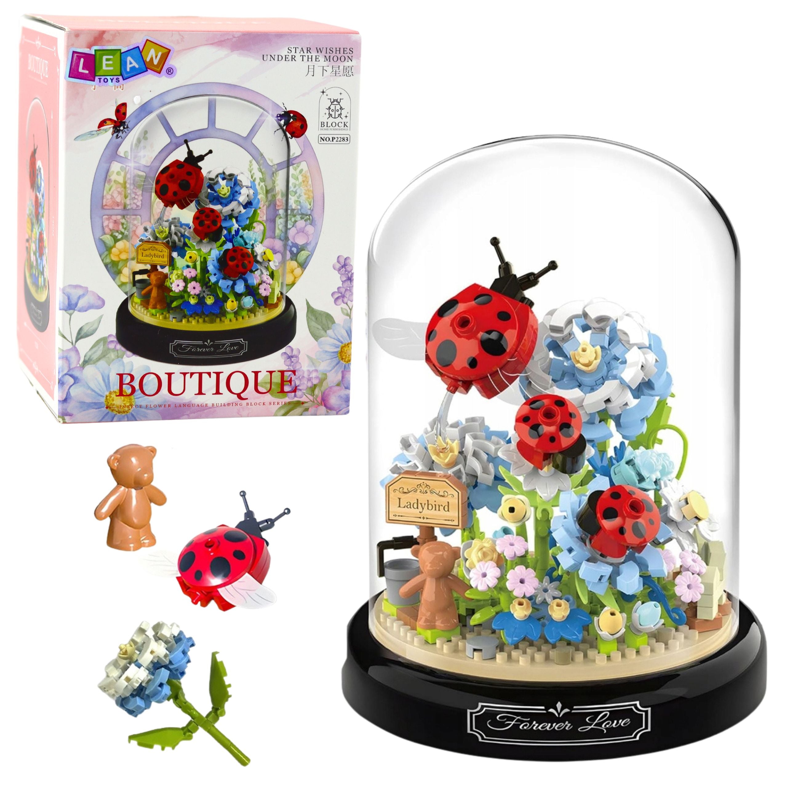 Construction Blocks Floral Composition With Ladybugs In A Dome 596 Pcs.