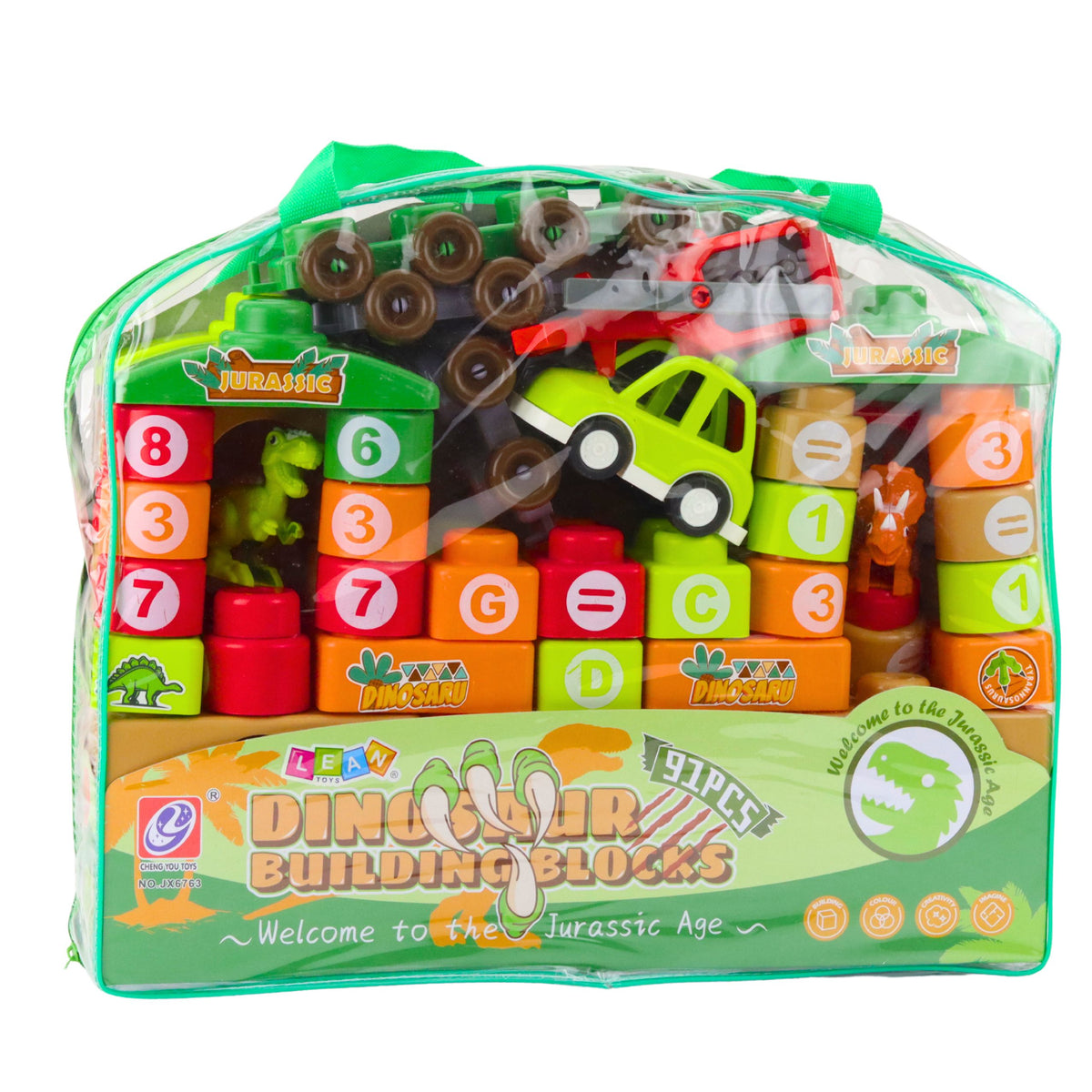 Educational Construction Blocks In A Bag Dinosaurs Numbers Letters 91 Pcs.