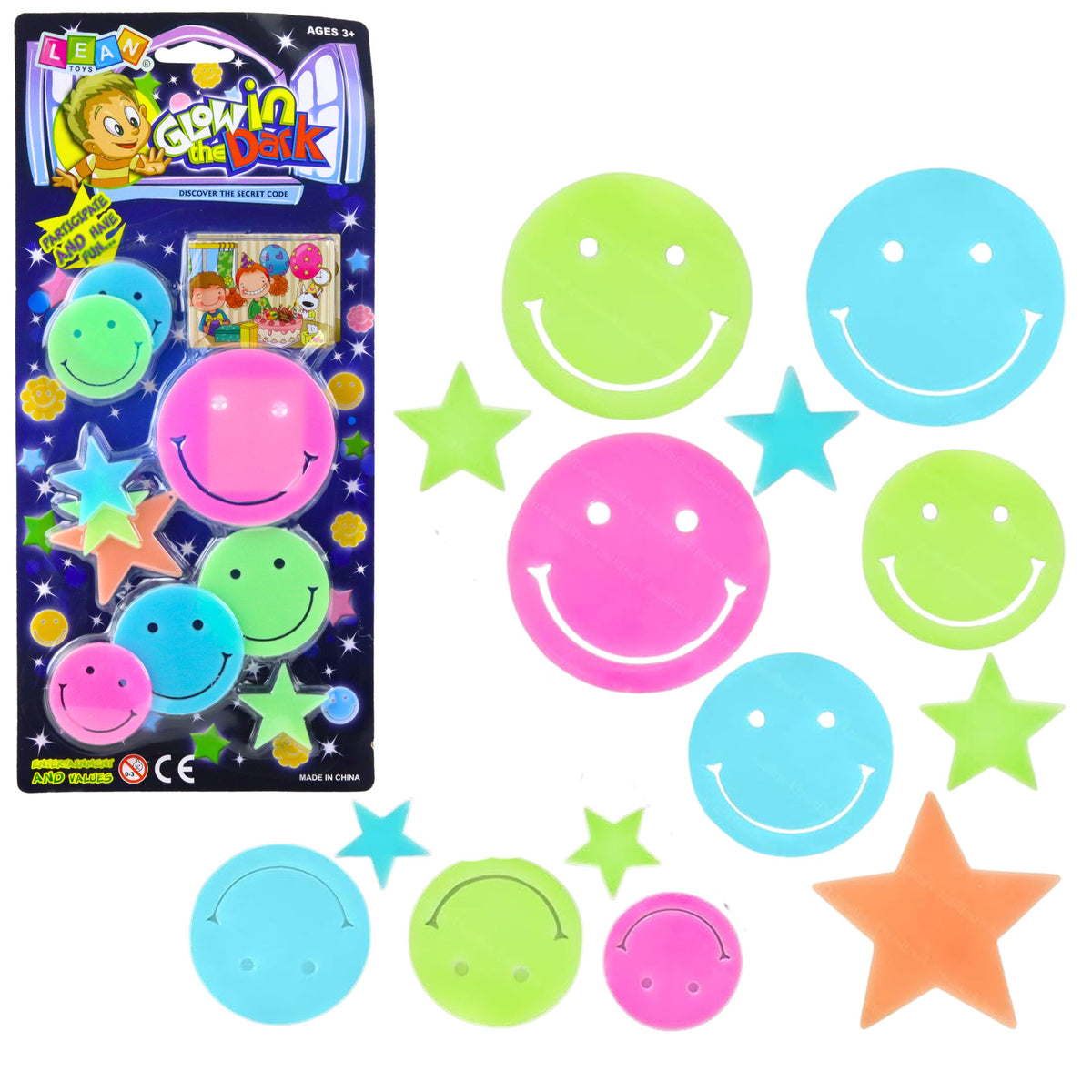 Fluorescent Luminous Wall Stickers Smiley Faces Stars Colorful 10 Pcs.