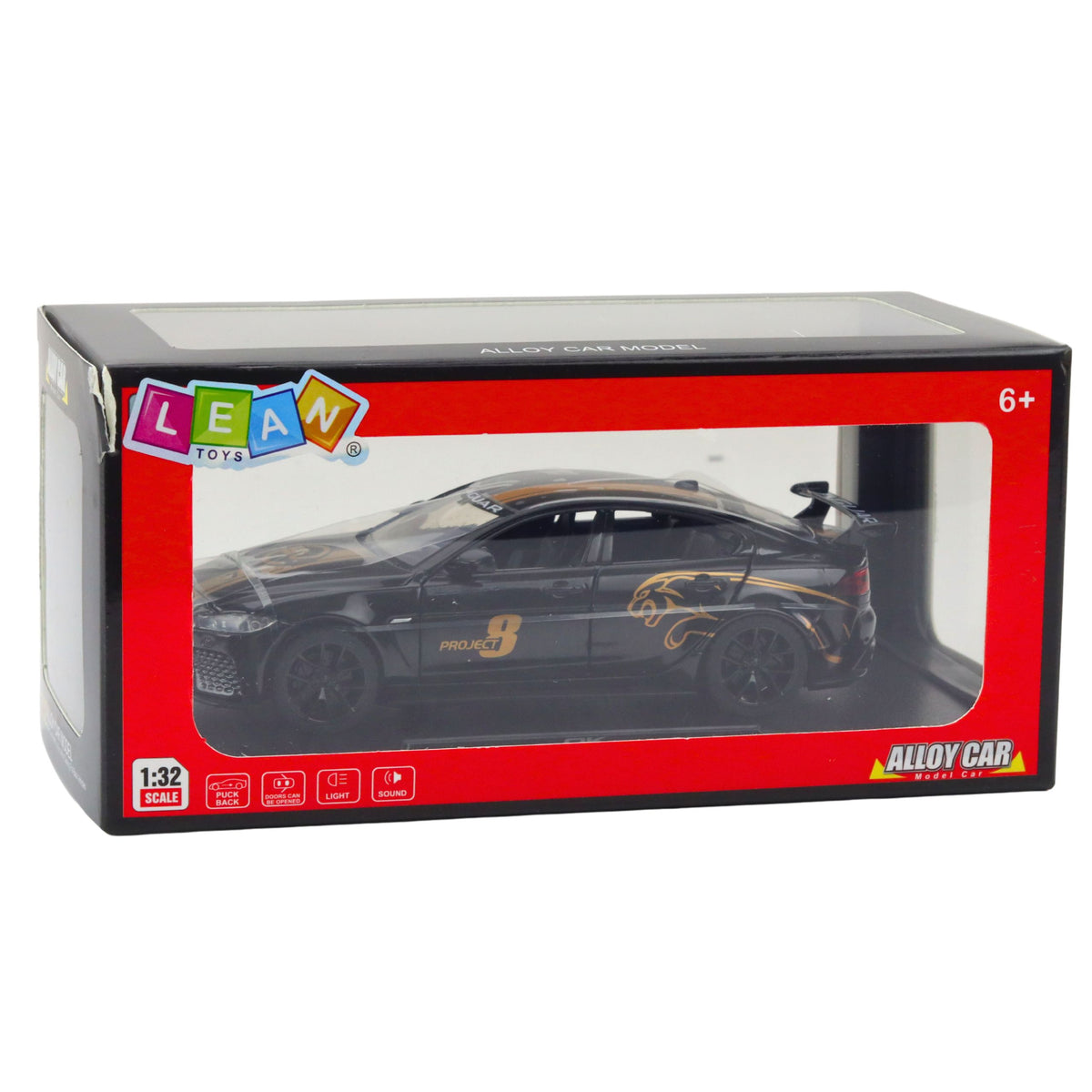 Sports Car Metal Pull-back Drive Lights Sounds Black 1:32