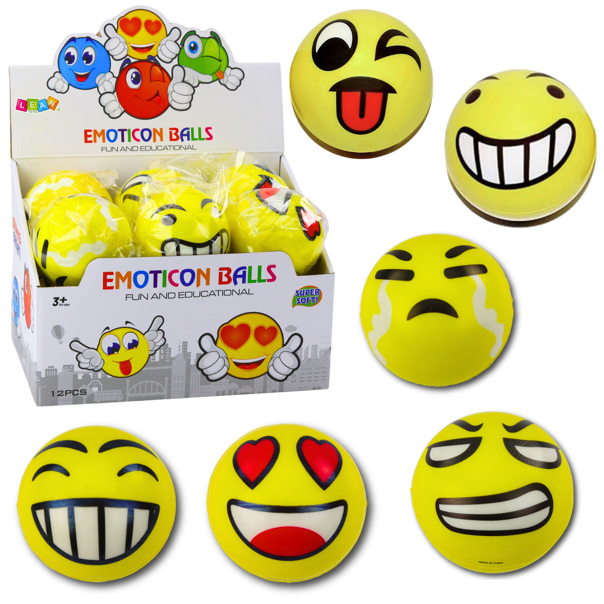 Knetender Springball aus Schaumstoff, Emoticon, Gelb, 10 cm