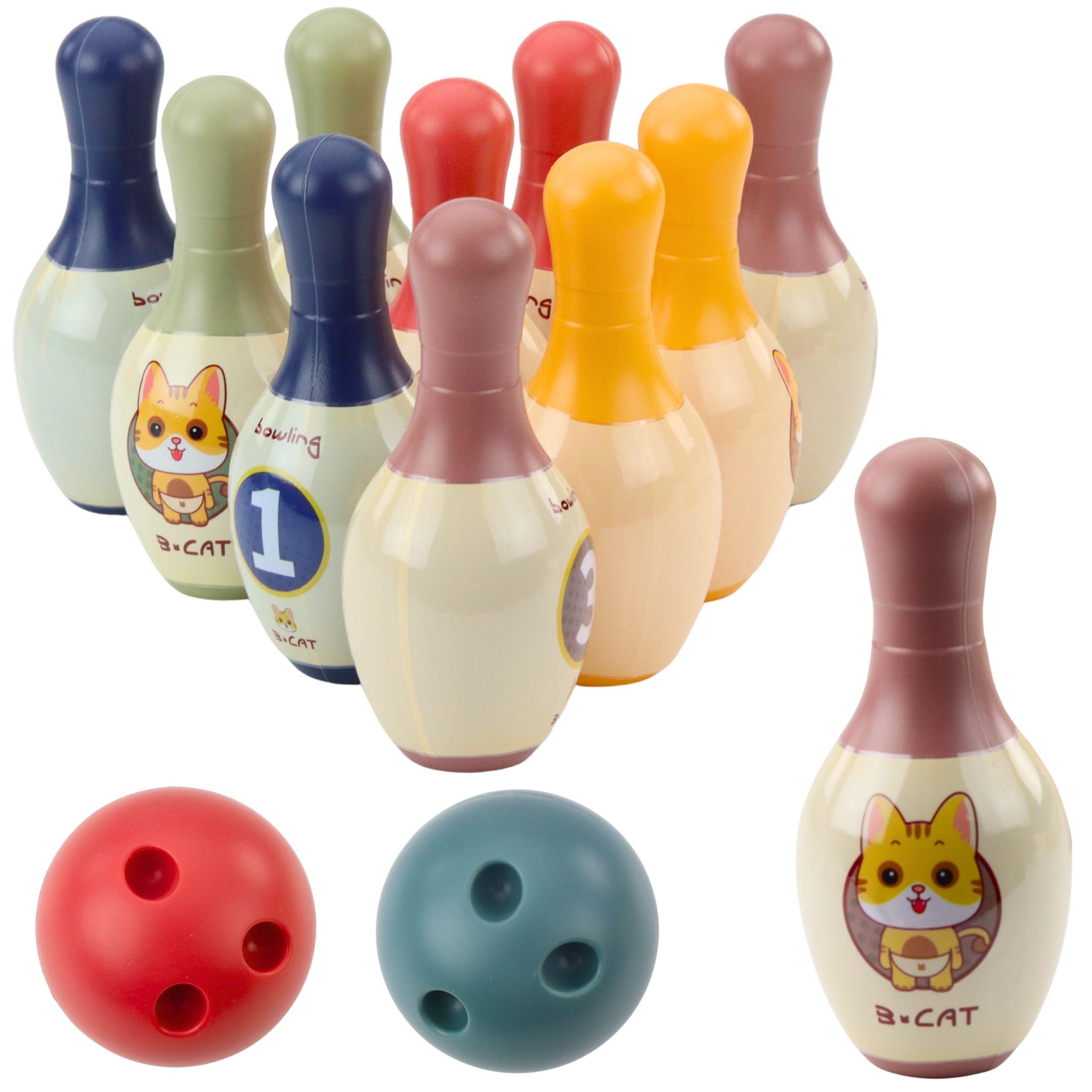 Bowling Set With Cats For Kids 10 Bowling Pins 2 Colored Balls