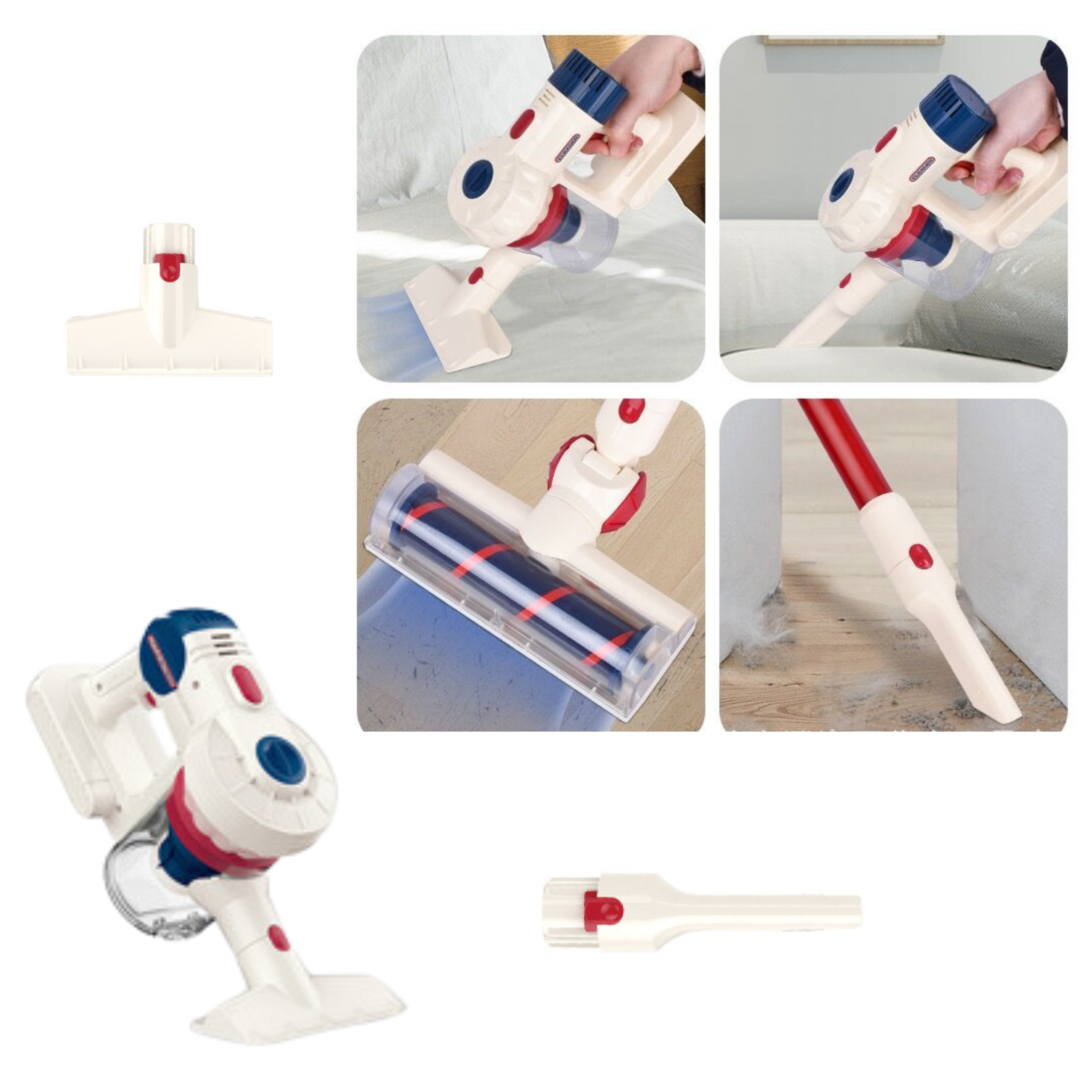 Aspirador de pó ereto para crianças, kit de limpeza, luzes, estação de sons, branco