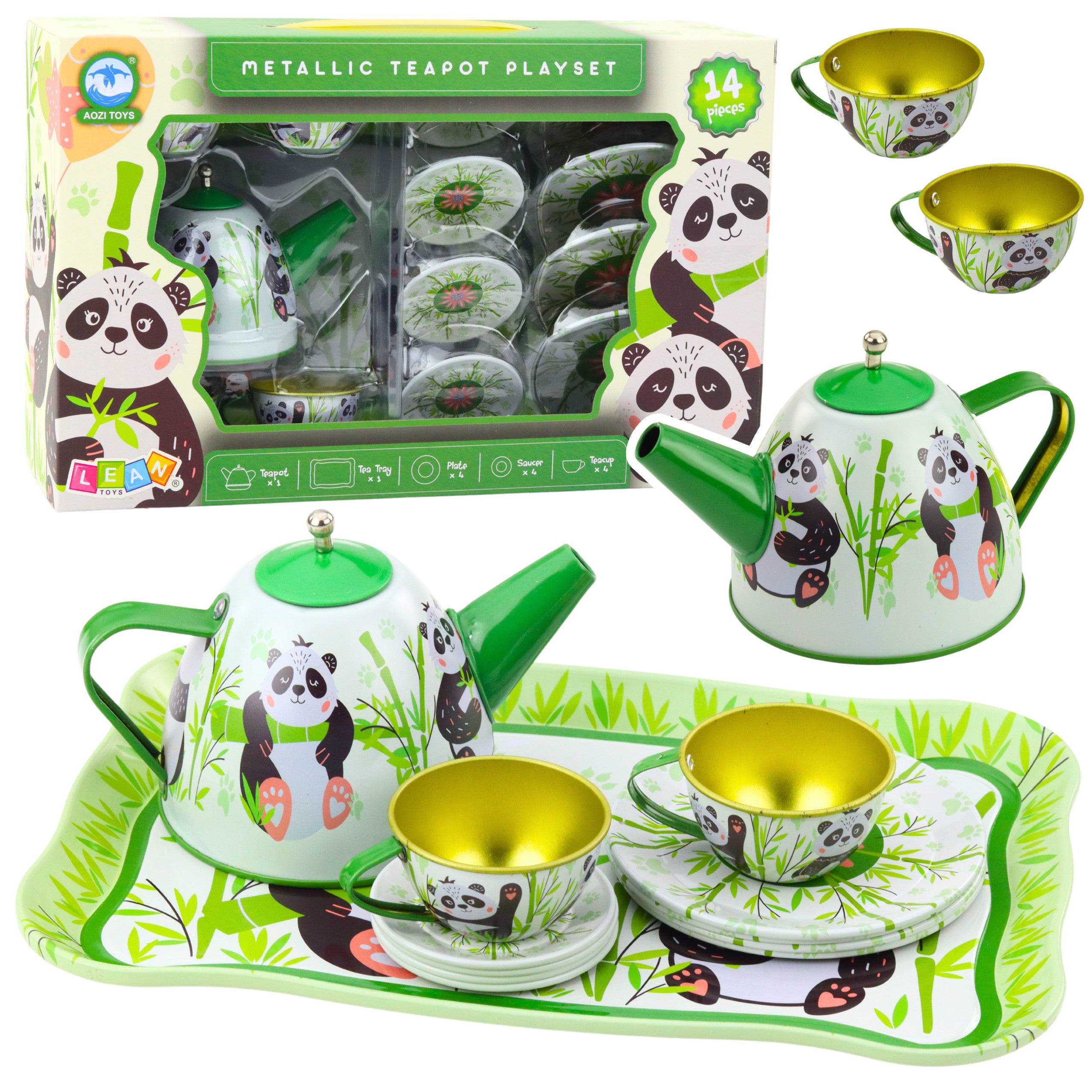 Tea Set Metal Jug Cup Plates Panda Green 14 Pcs