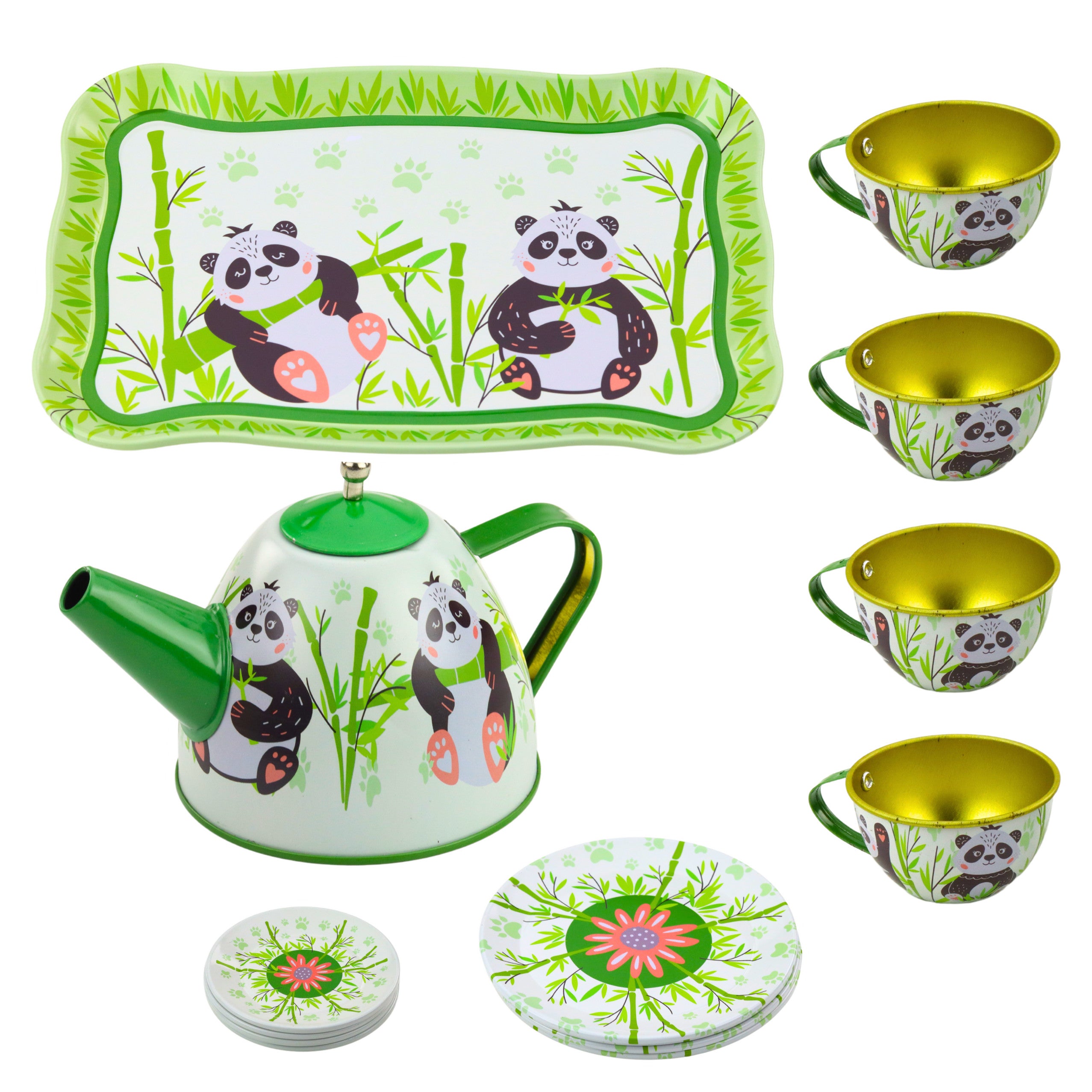 Tea Set Metal Jug Cup Plates Panda Green 14 Pcs