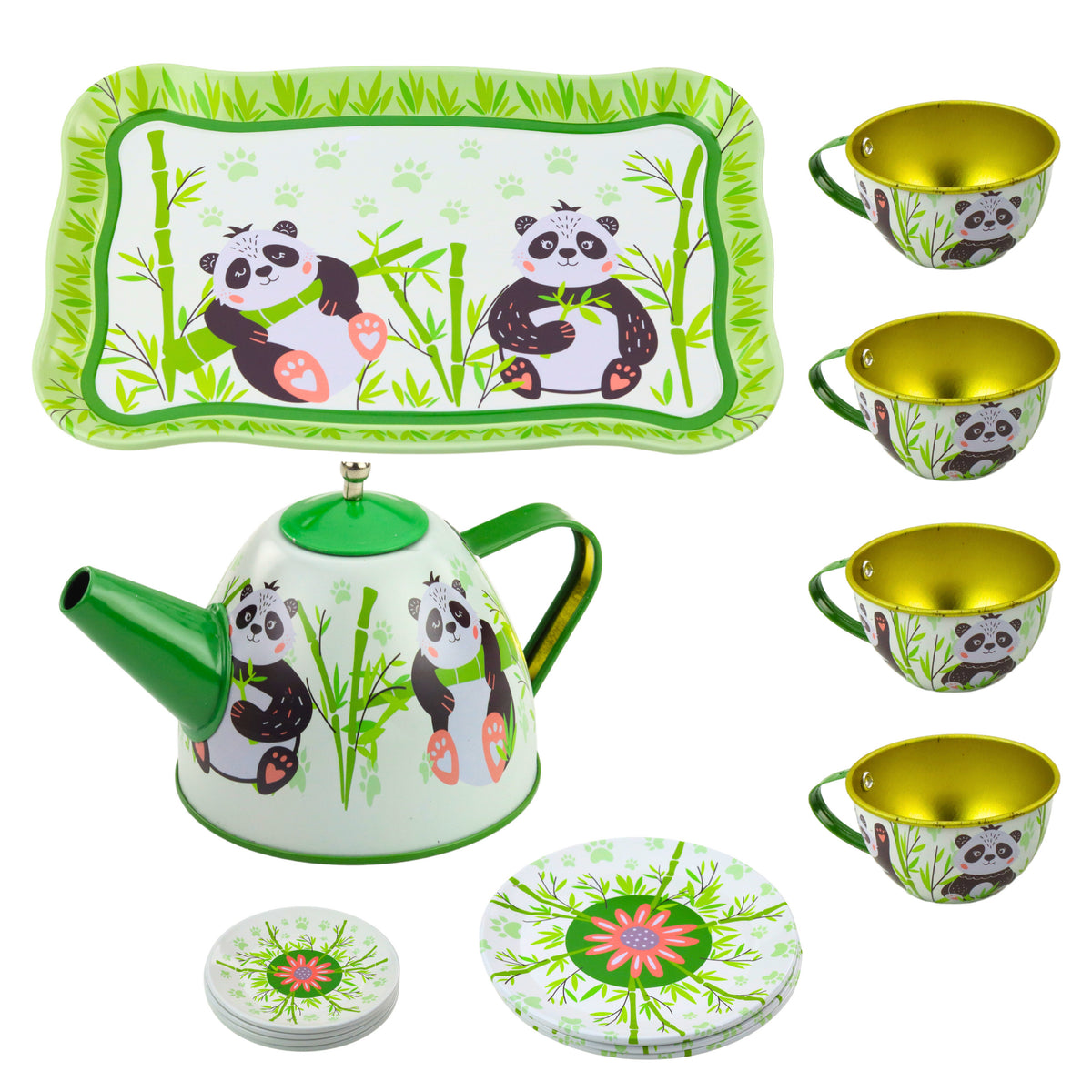 Tea Set Metal Jug Cup Plates Panda Green 14 Pcs