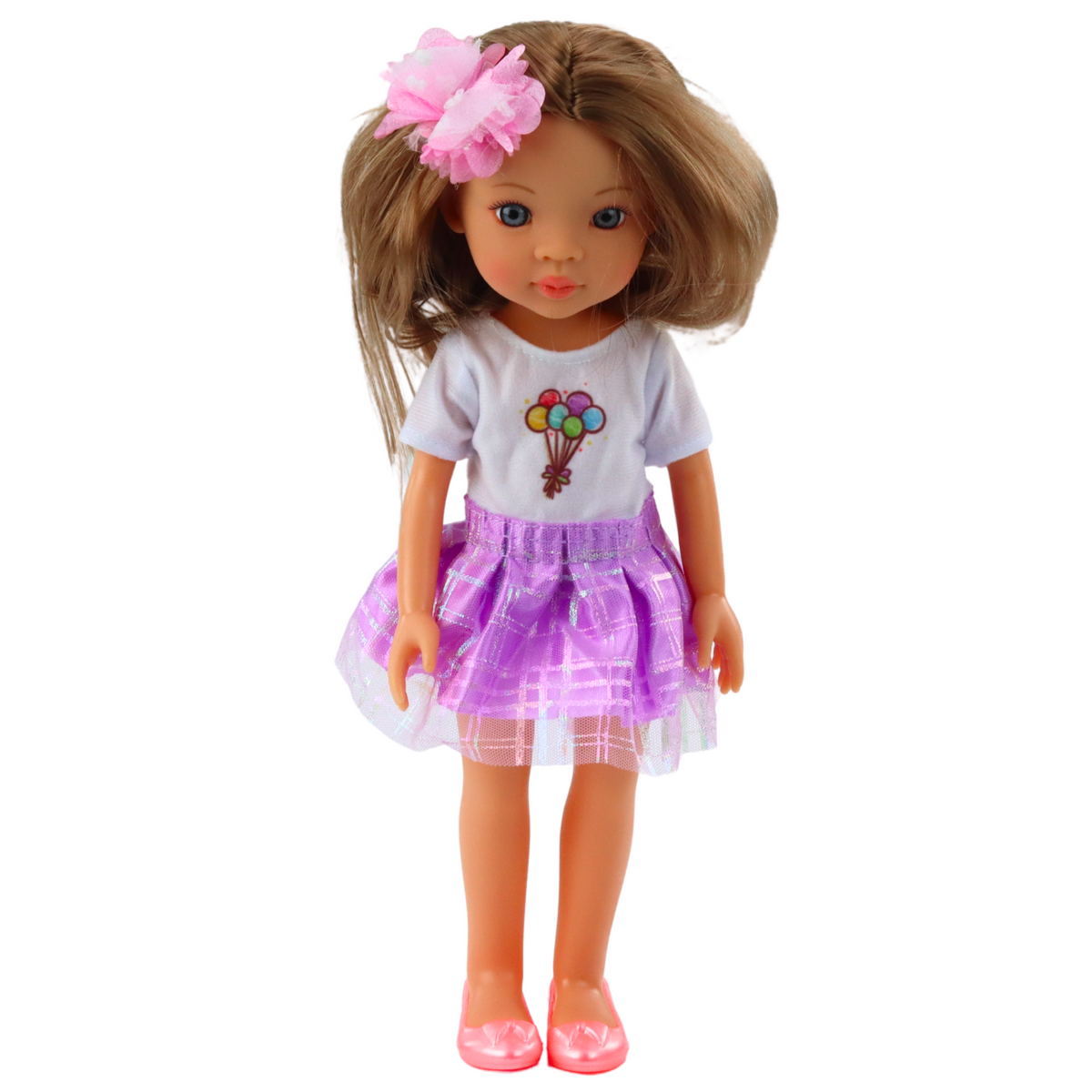Doll In Purple Dress Long Brown Hair Flower Clip