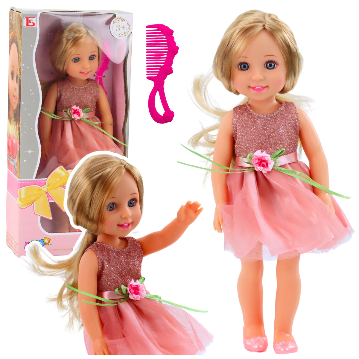 Doll In A Dress With A Bow Long Hair Pink Comb 38cm