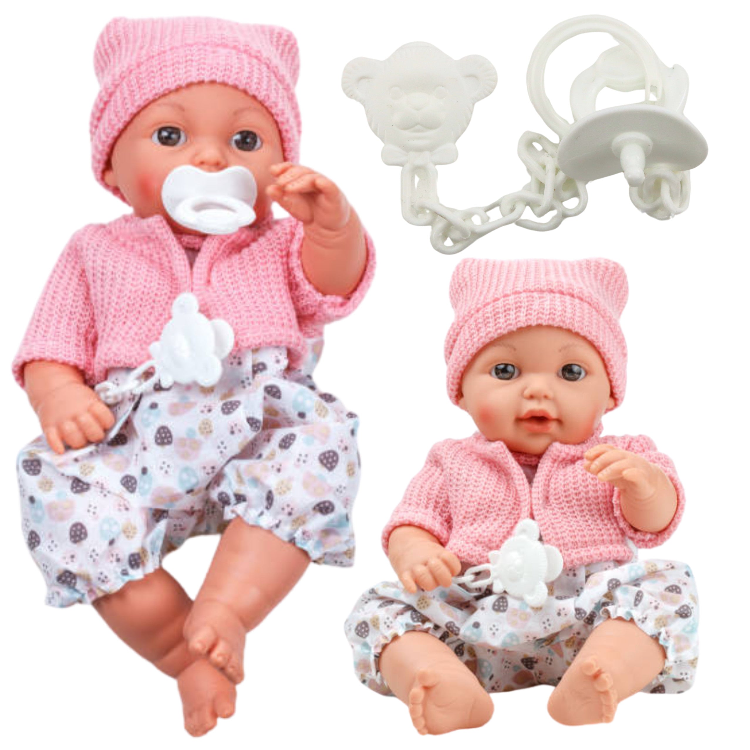 Boneca infantil chapéu suéter chupeta sons