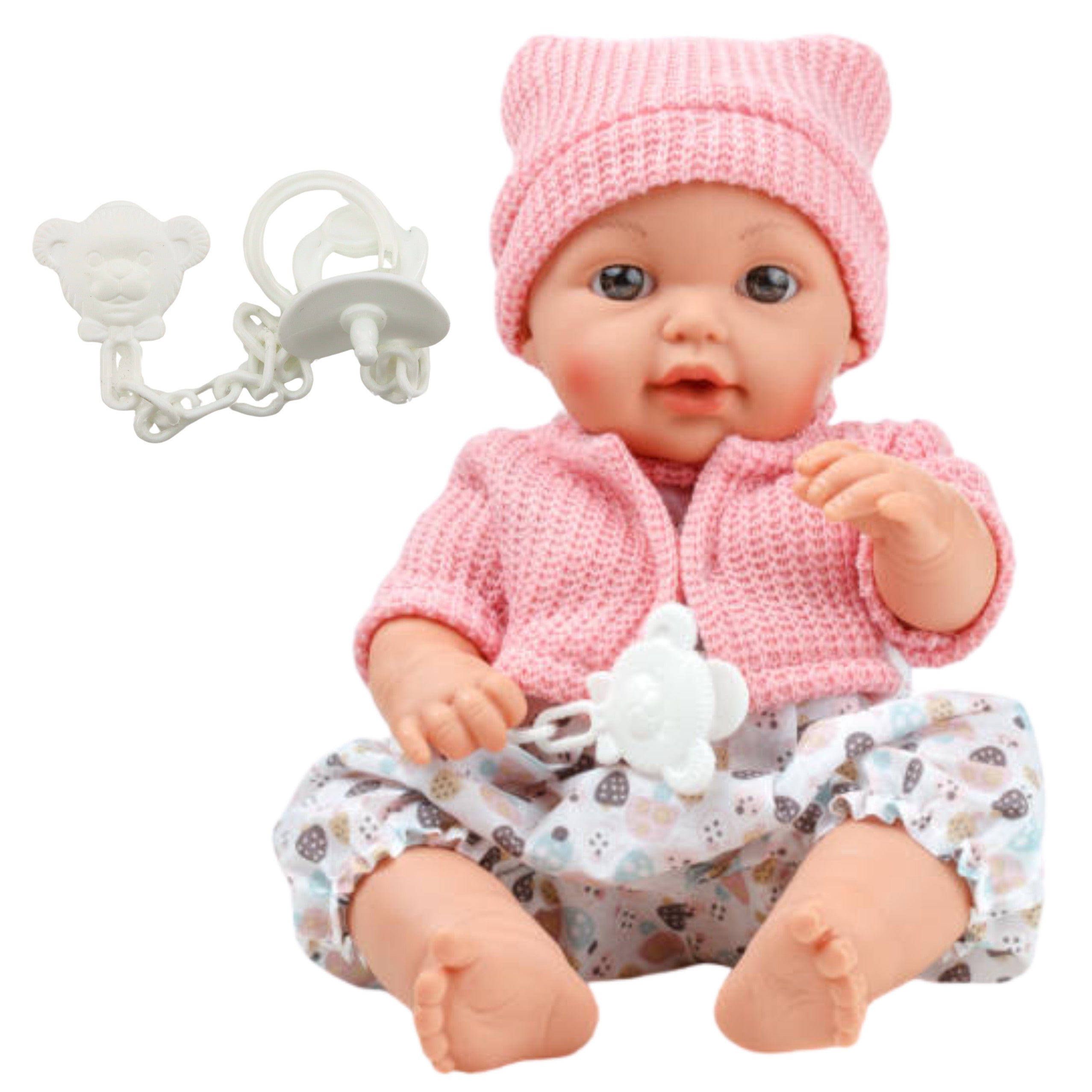 Boneca infantil chapéu suéter chupeta sons