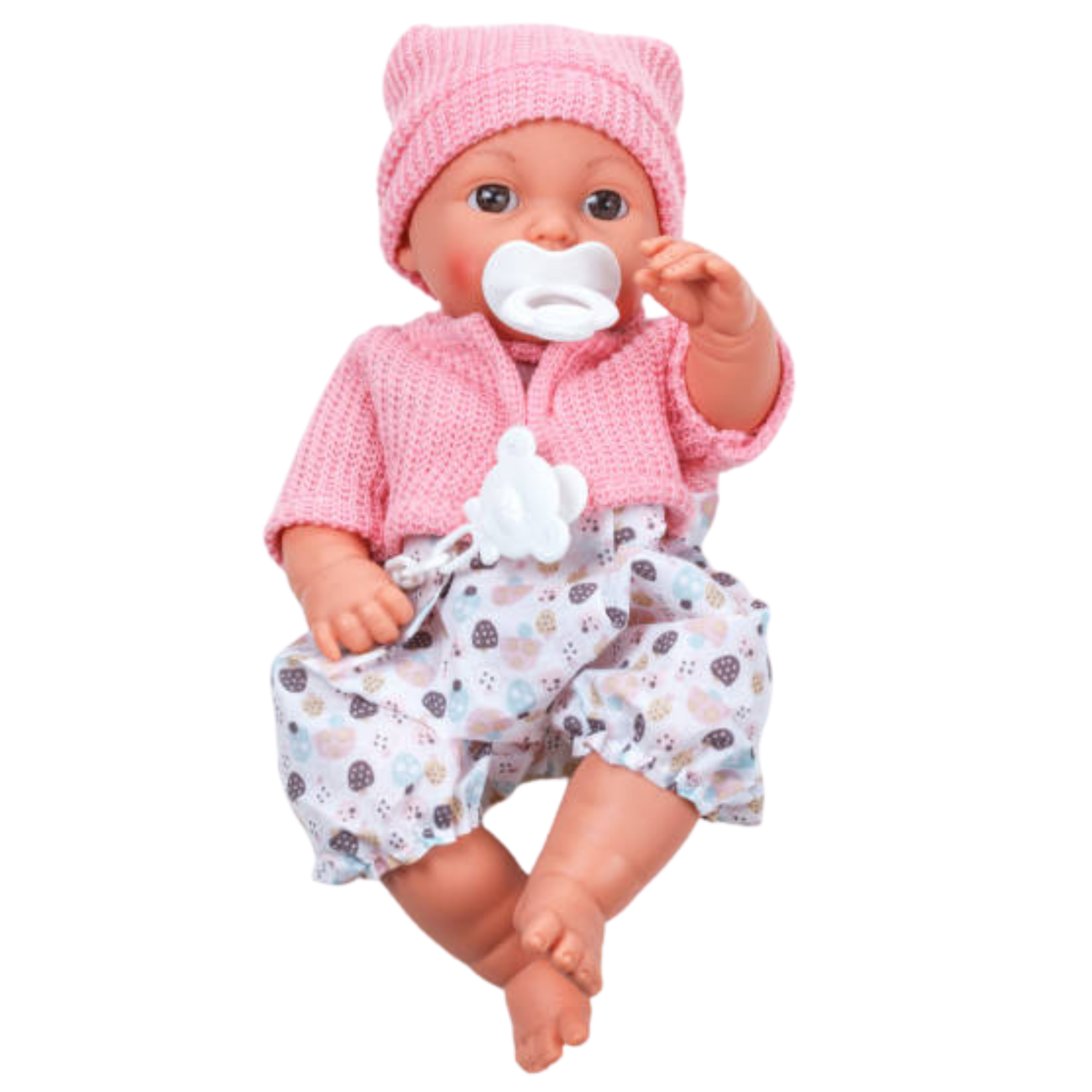 Boneca infantil chapéu suéter chupeta sons