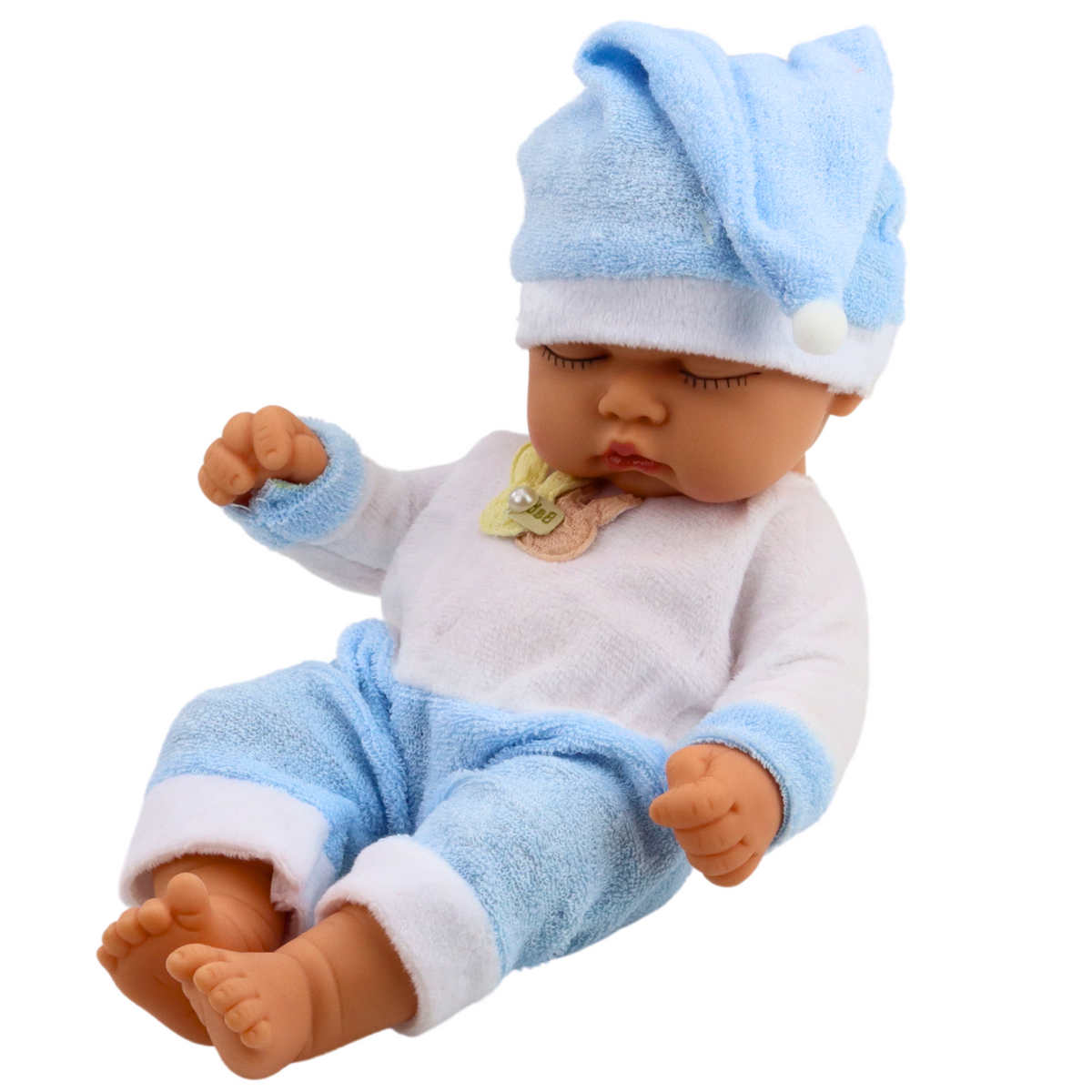 Sleeping Baby Doll In Blue Pajamas Hat With Pompom