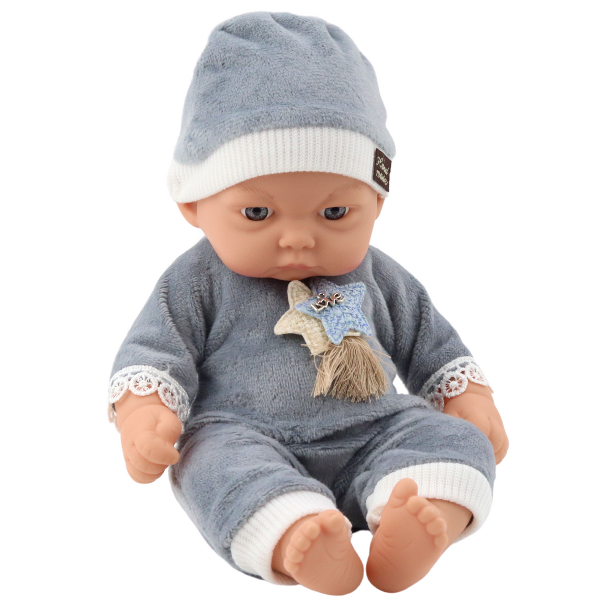 Baby Doll In Gray Pajamas With Stars Hat