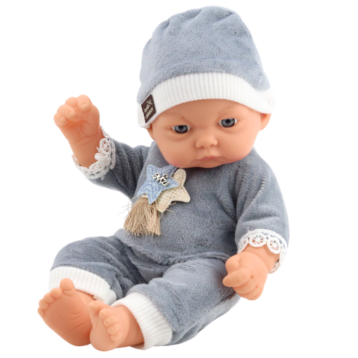 Baby Doll In Gray Pajamas With Stars Hat