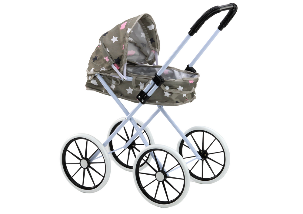 Puppenwagen mit großen Rädern, faltbar, Sterne, Wolken, Grau, 60 cm
