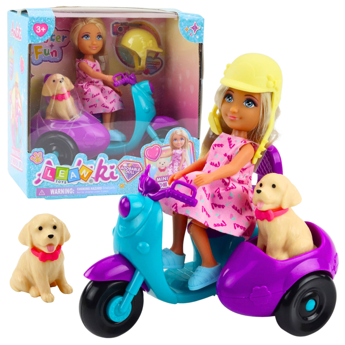 Ankiki Mini Doll On A Three-wheeled Scooter Dog Set