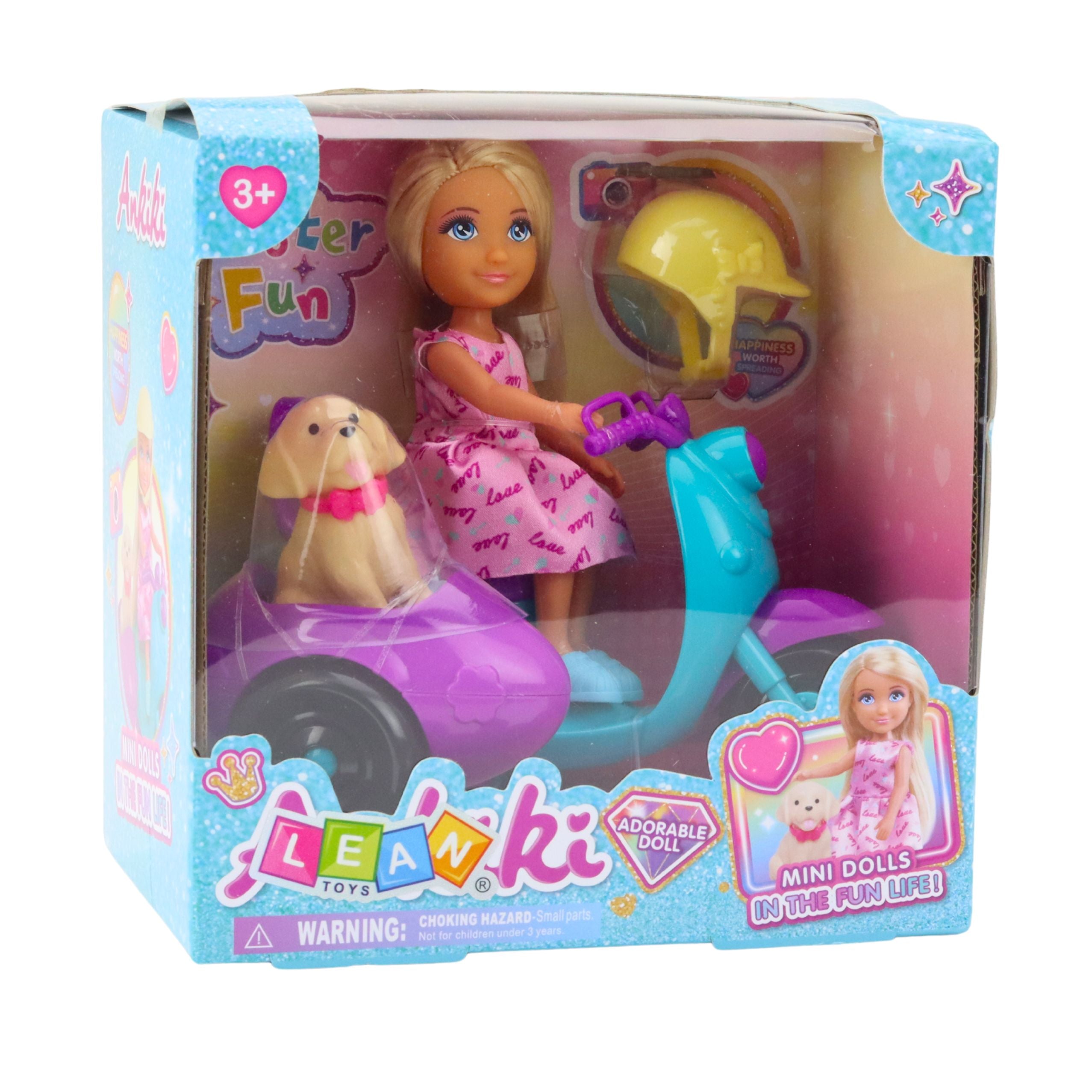 Ankiki Mini Doll On A Three-wheeled Scooter Dog Set