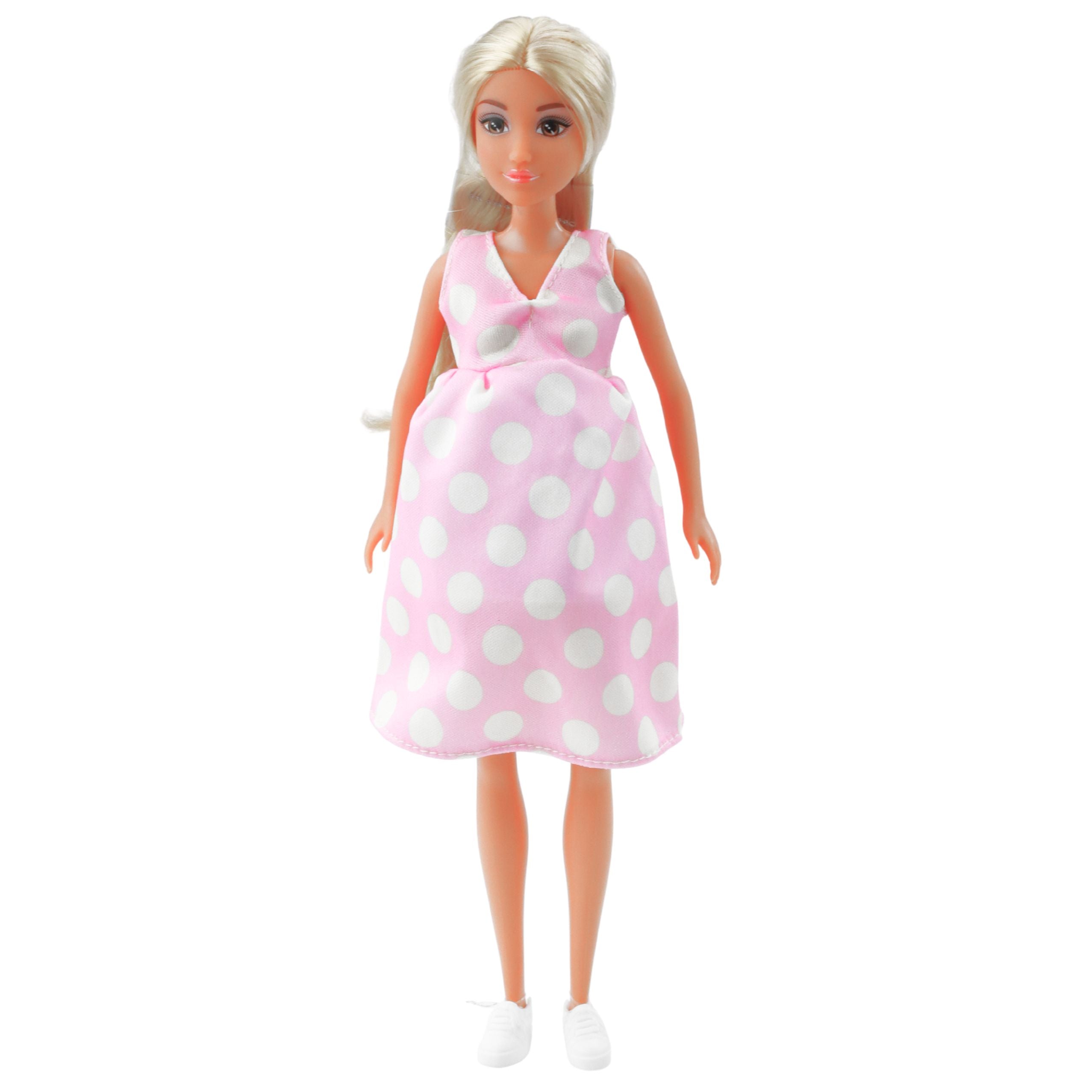 Anlily Pregnant Doll Light Pink Polka Dot Dress Long Hair