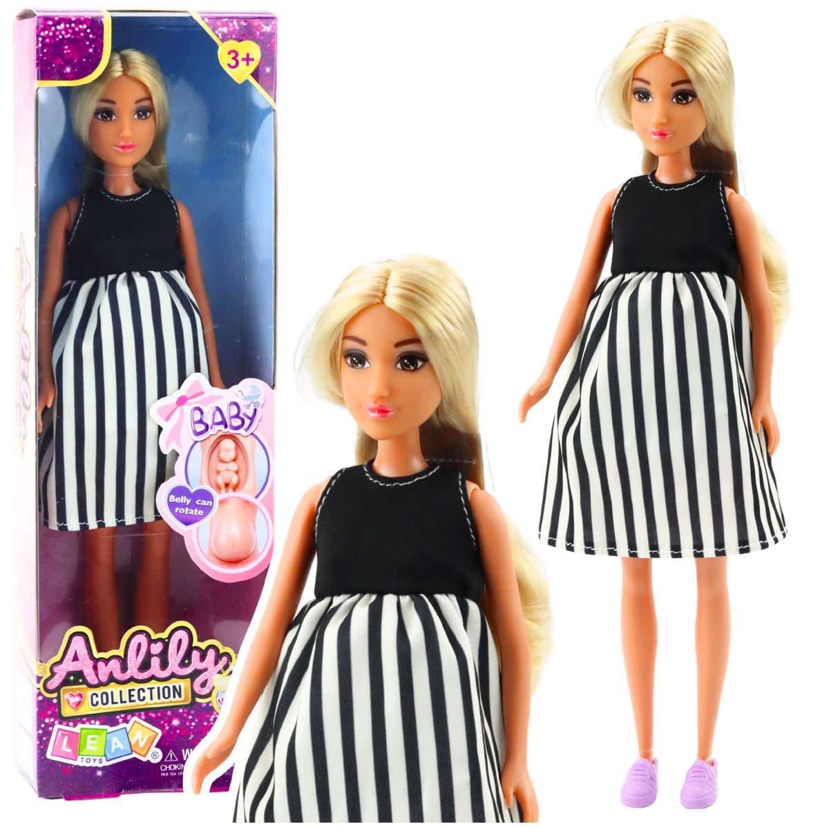 Anlily Pregnant Doll In Black And White Striped Dress Baby