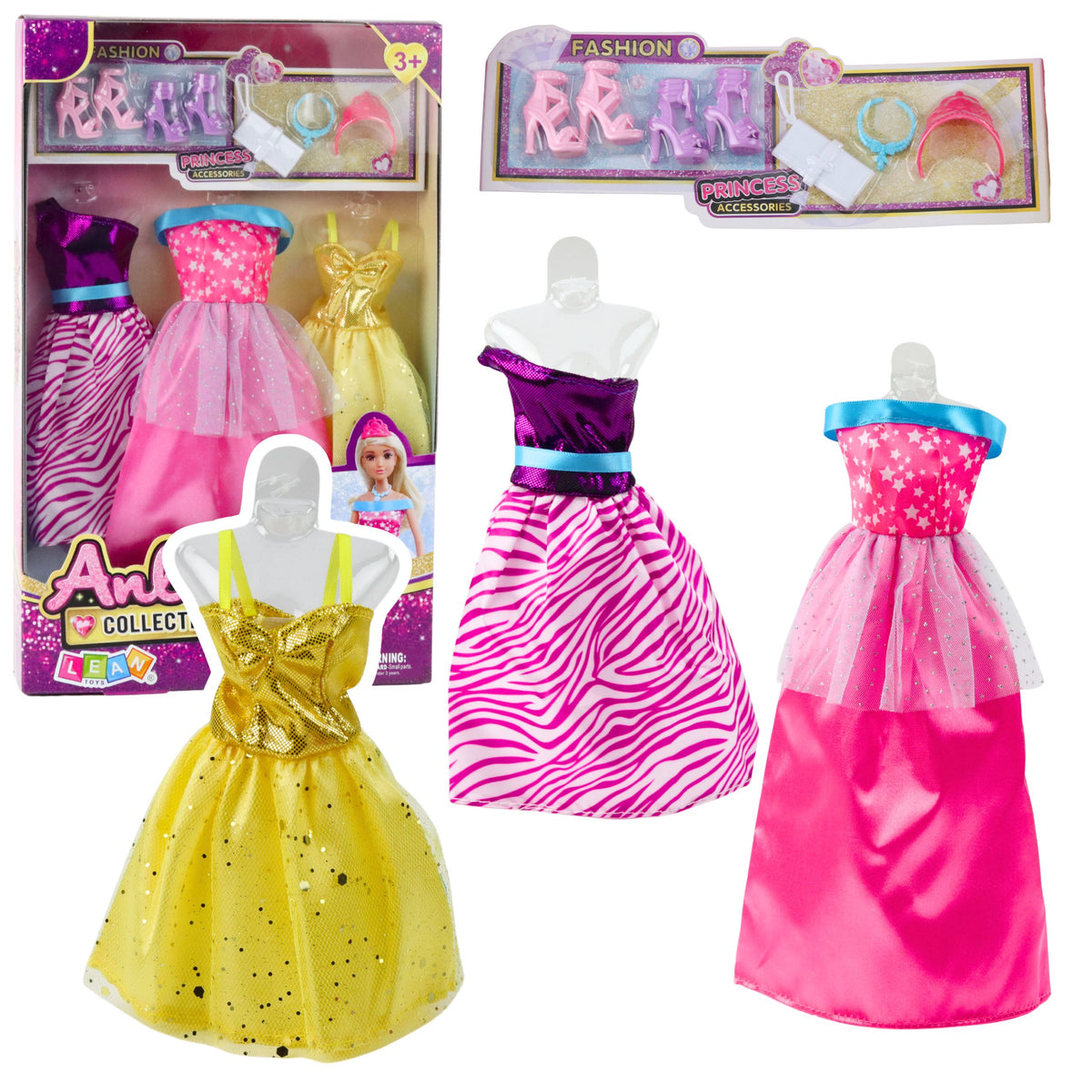 Anlily Doll Dress Set Shoes Handbag Crowns Accessories 8 Pcs.
