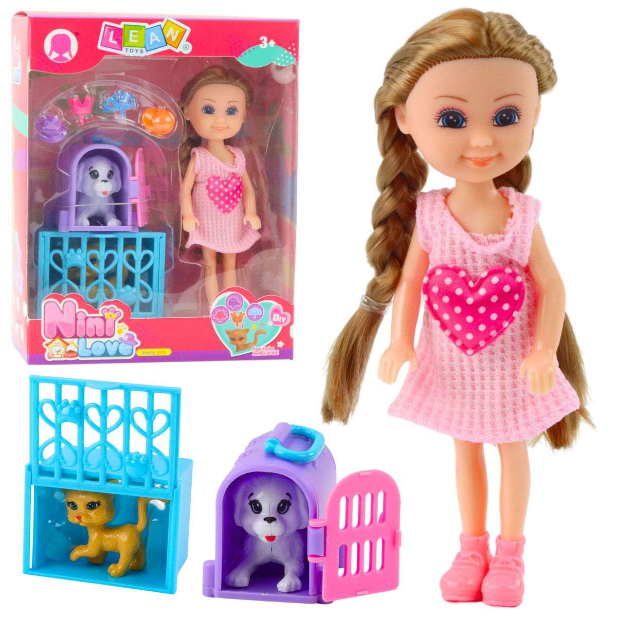 Mini-Puppe mit Zubehör, Kitty-Kinderwagen, rosa Puppenset