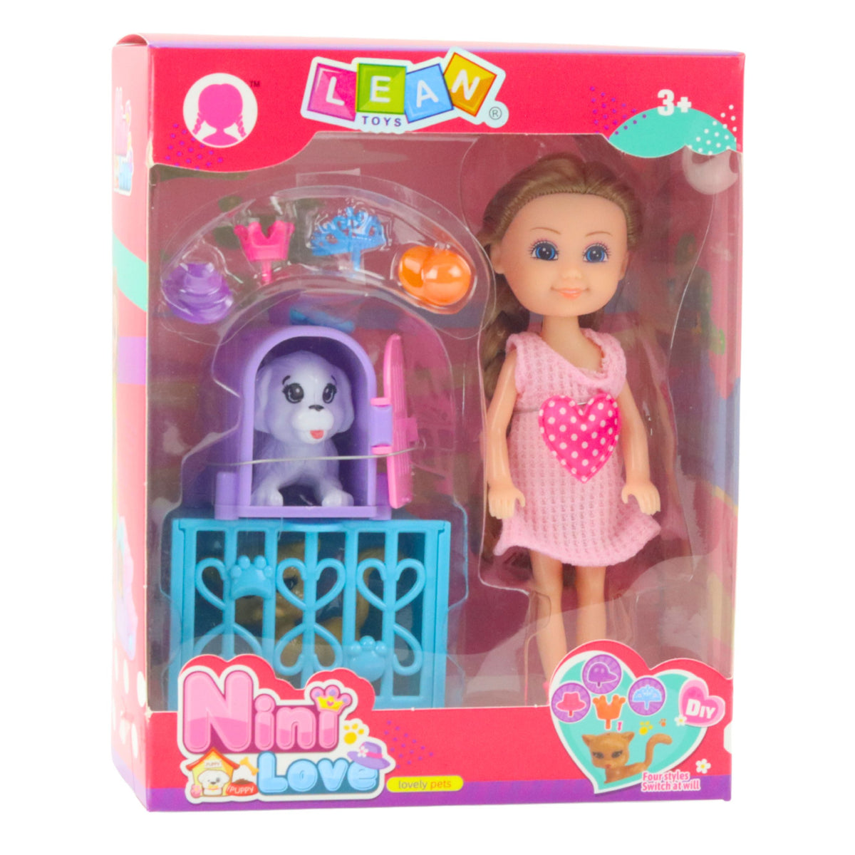 Mini-Puppe mit Zubehör, Kitty-Kinderwagen, rosa Puppenset