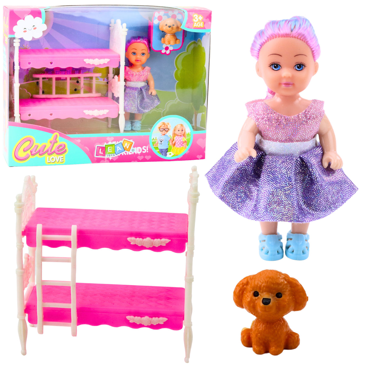 Set de câini pentru pat cu două etaje pentru mini păpușă în rochie