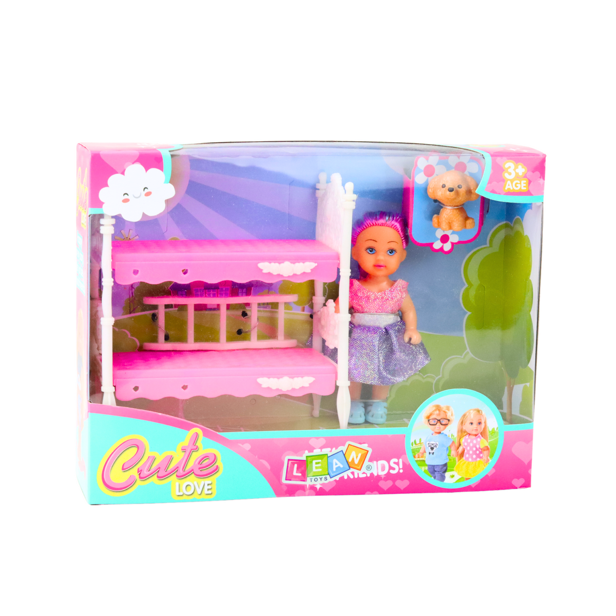 Set de câini pentru pat cu două etaje pentru mini păpușă în rochie