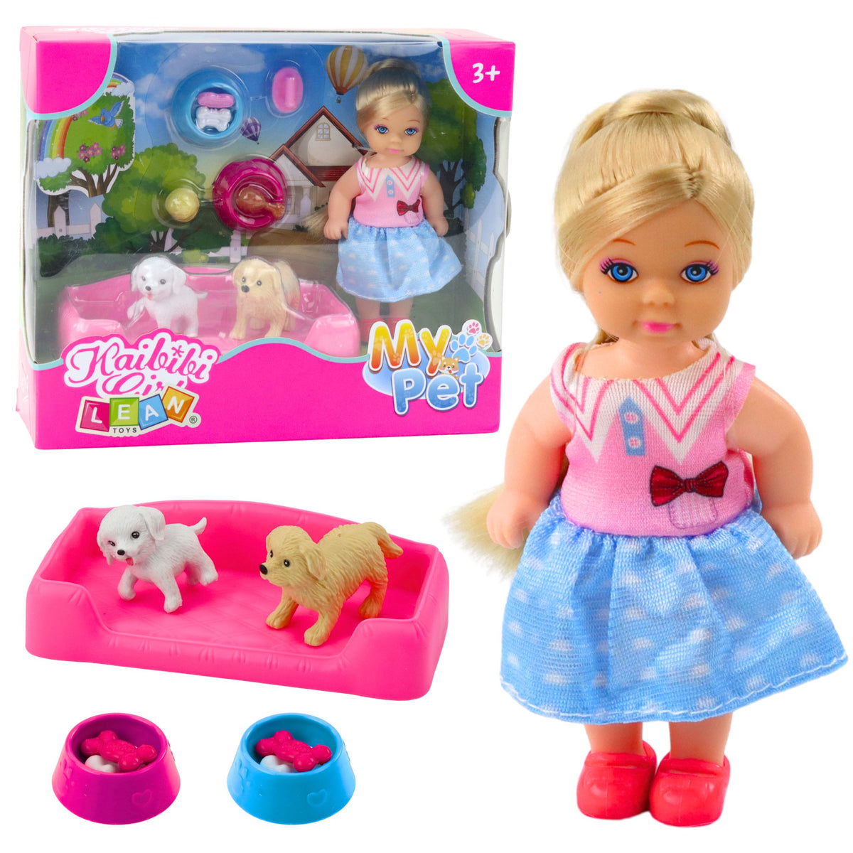 Mini Doll Set With Two Dogs Bed Food Bowl