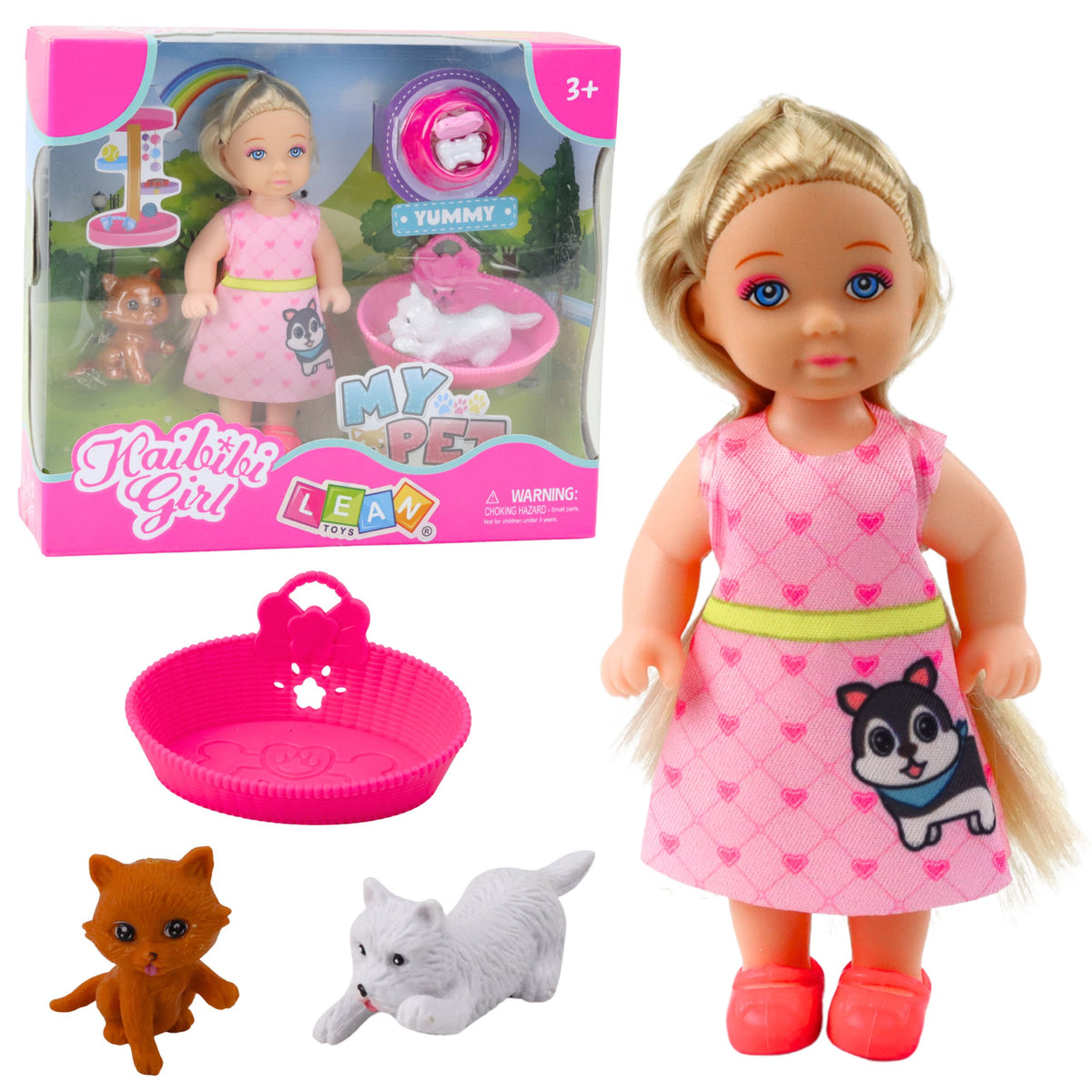 Mini Doll Set With Dog And Kitten Bed And Food Bowl
