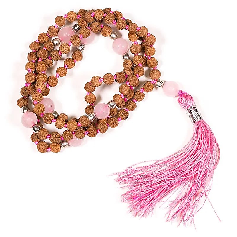 Mala Rudraksha And Rose Quartz With Pink Tassel - 0.5 Cm