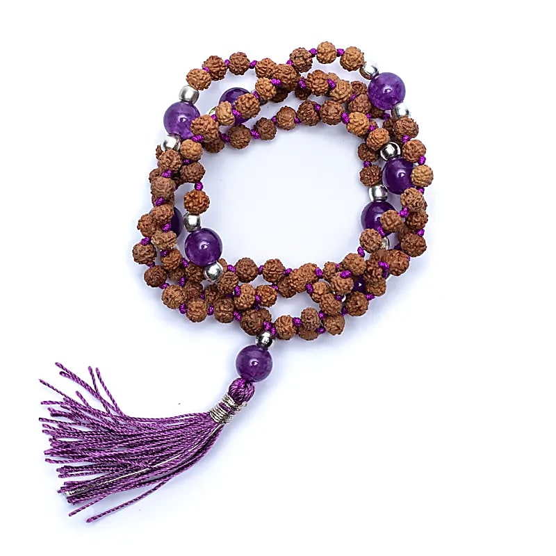 Mala Rudraksha și ametist cu ciucuri violet - 0,5 cm