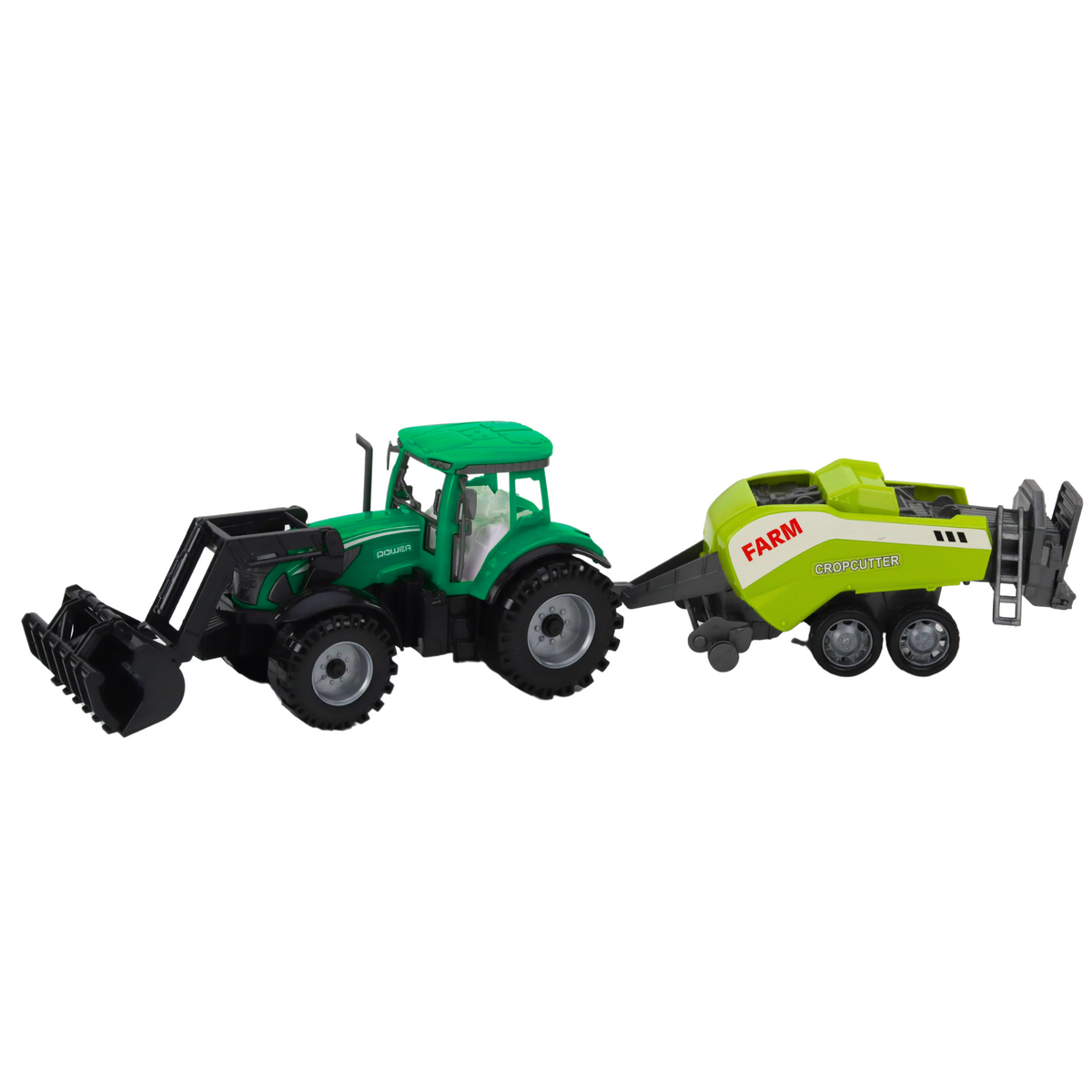 Set Of Tractor With Loader And Agricultural Baler Green