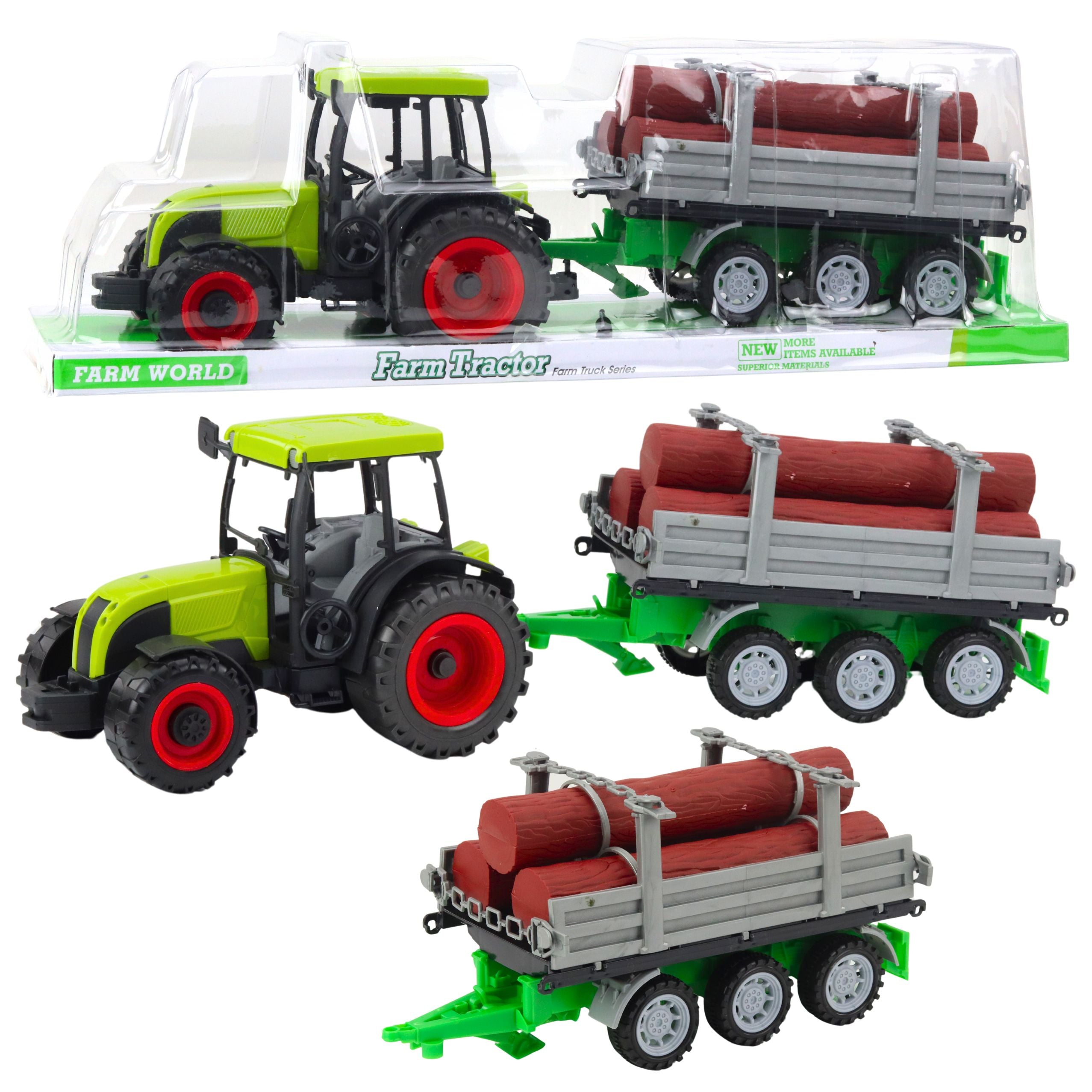 Green Agricultural Tractor With Trailer For Logs 47cm