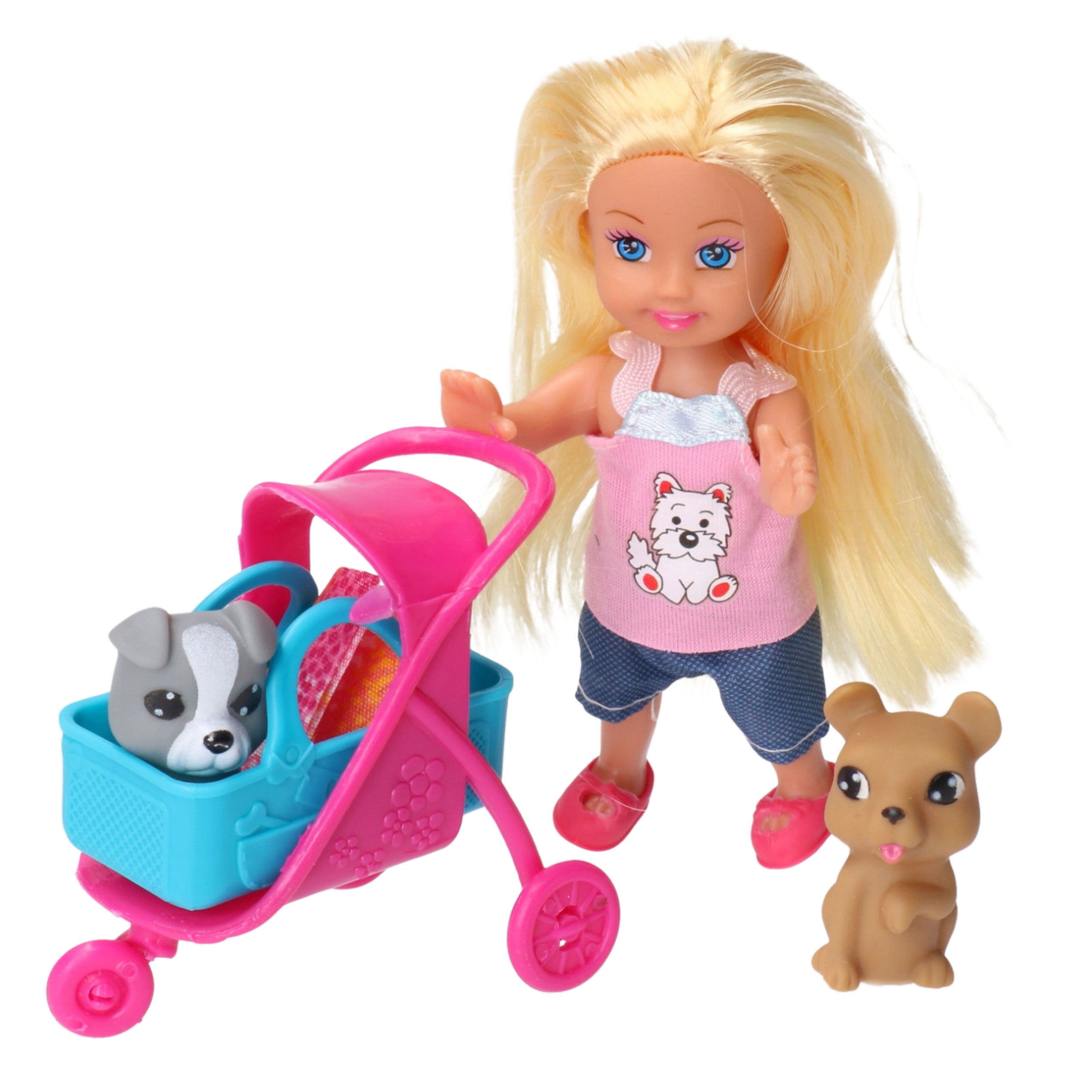 Mini Doll Stroller Carrier Dogs Set Gray Brown