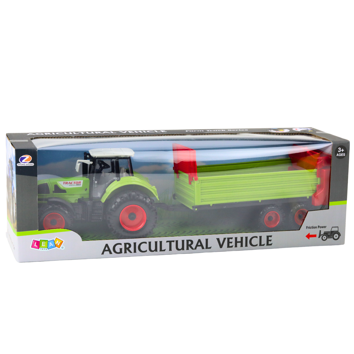 Tractor With Trailer Friction Drive Opening Hood Doors Green