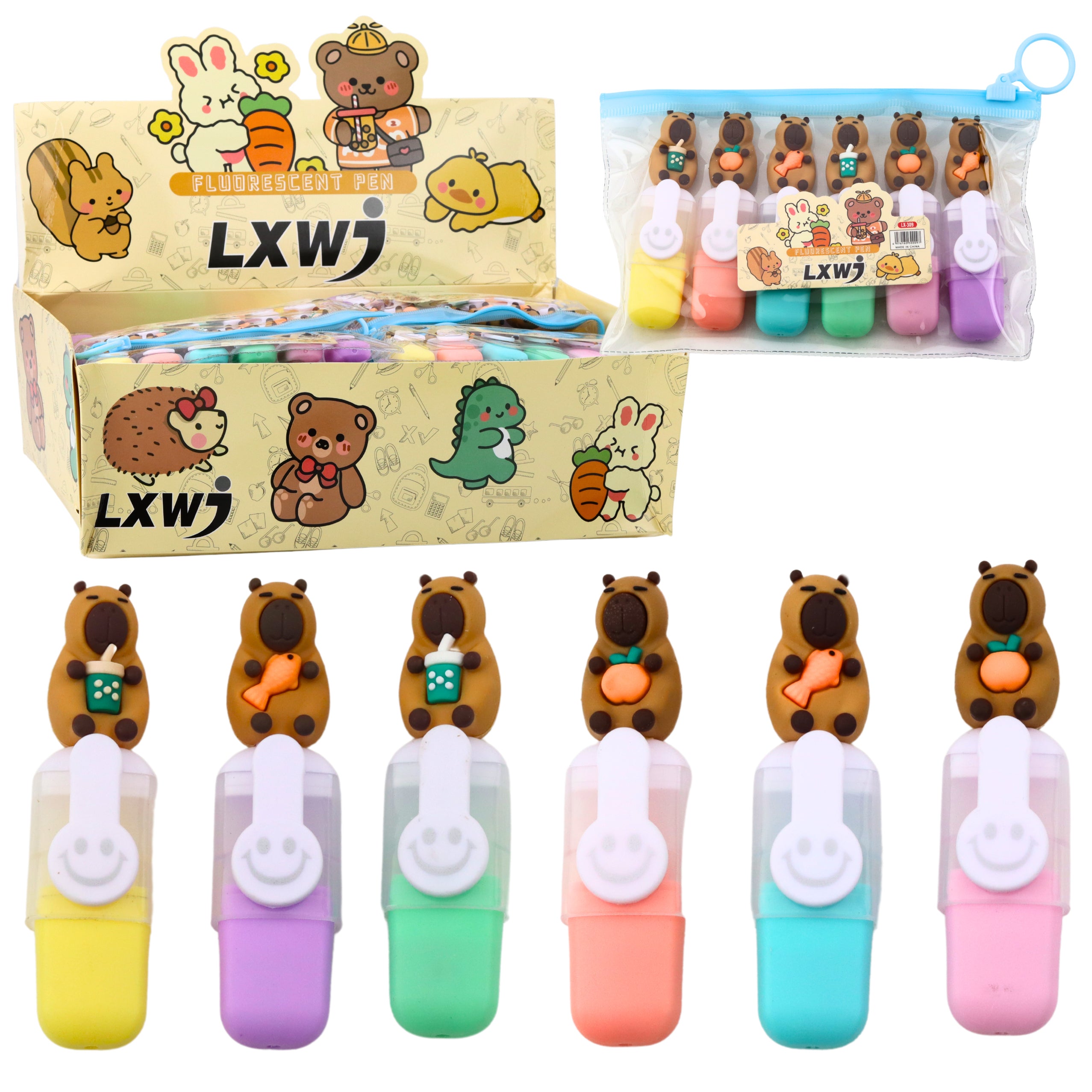 Capybara Mini Highlighter Set In Case Colorful Pastel 6pcs