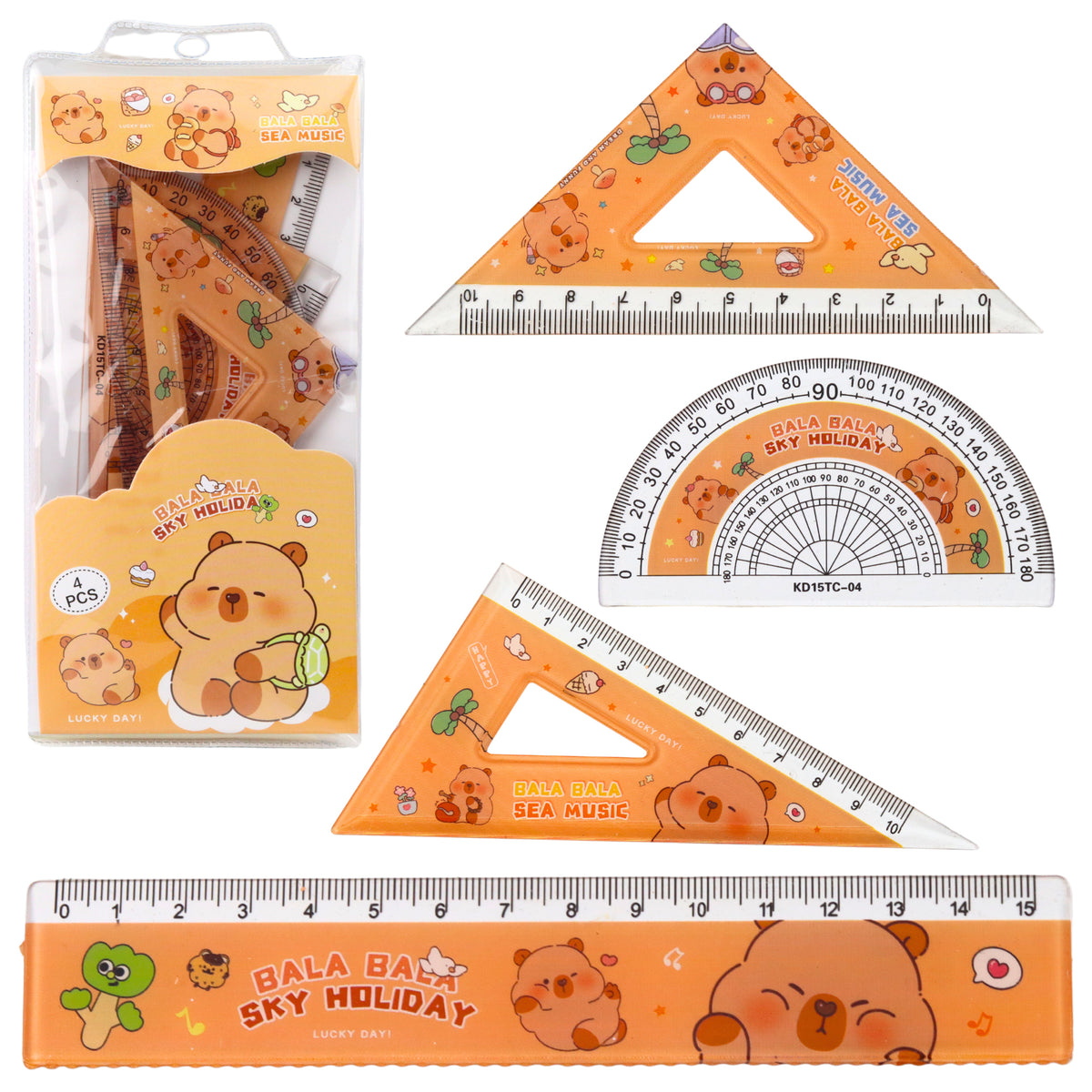 Set Of Geometric Tools Capybara Ruler Protractor Squares 4pcs
